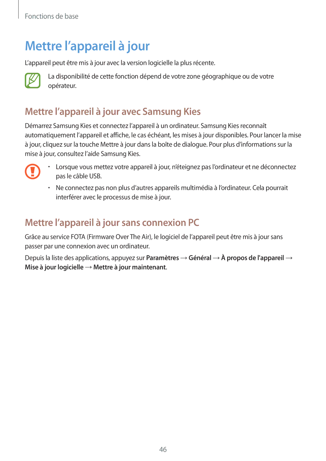 Samsung SM-P6000ZKAXEF manual Mettre l’appareil à jour avec Samsung Kies, Mettre l’appareil à jour sans connexion PC 