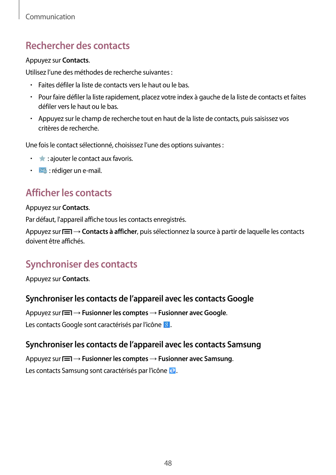 Samsung SM-P6000ZKAXEF, SM-P6000ZWAXEF manual Rechercher des contacts, Afficher les contacts, Synchroniser des contacts 