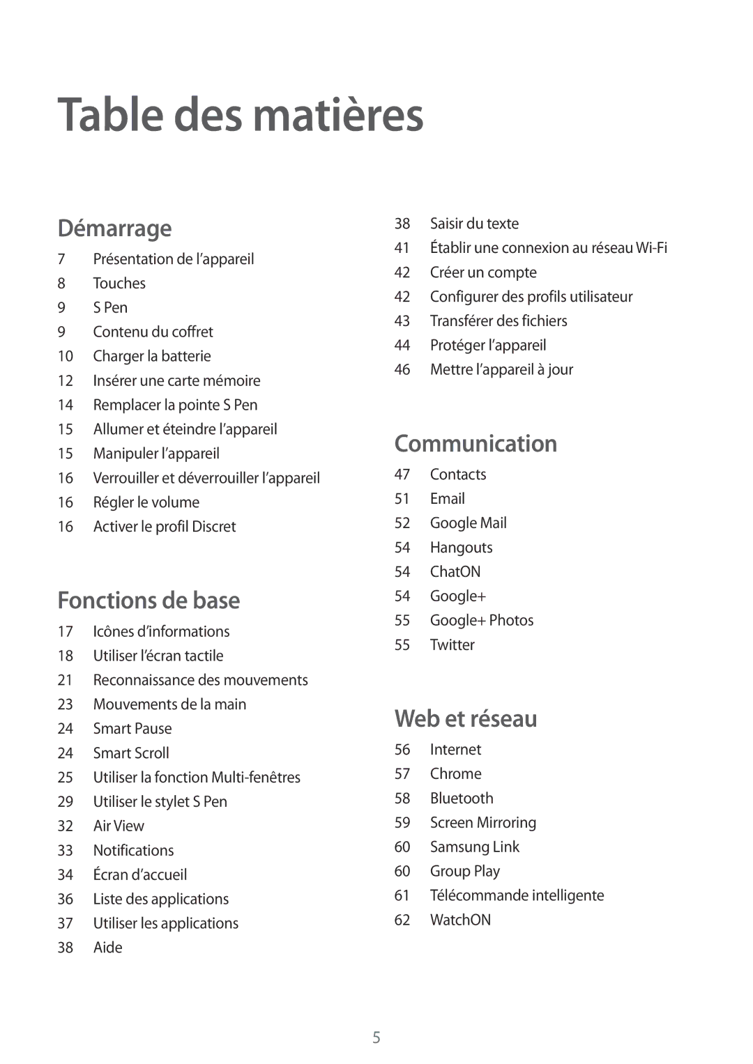 Samsung SM-P6000ZWAXEF, SM-P6000ZKAXEF manual Table des matières 