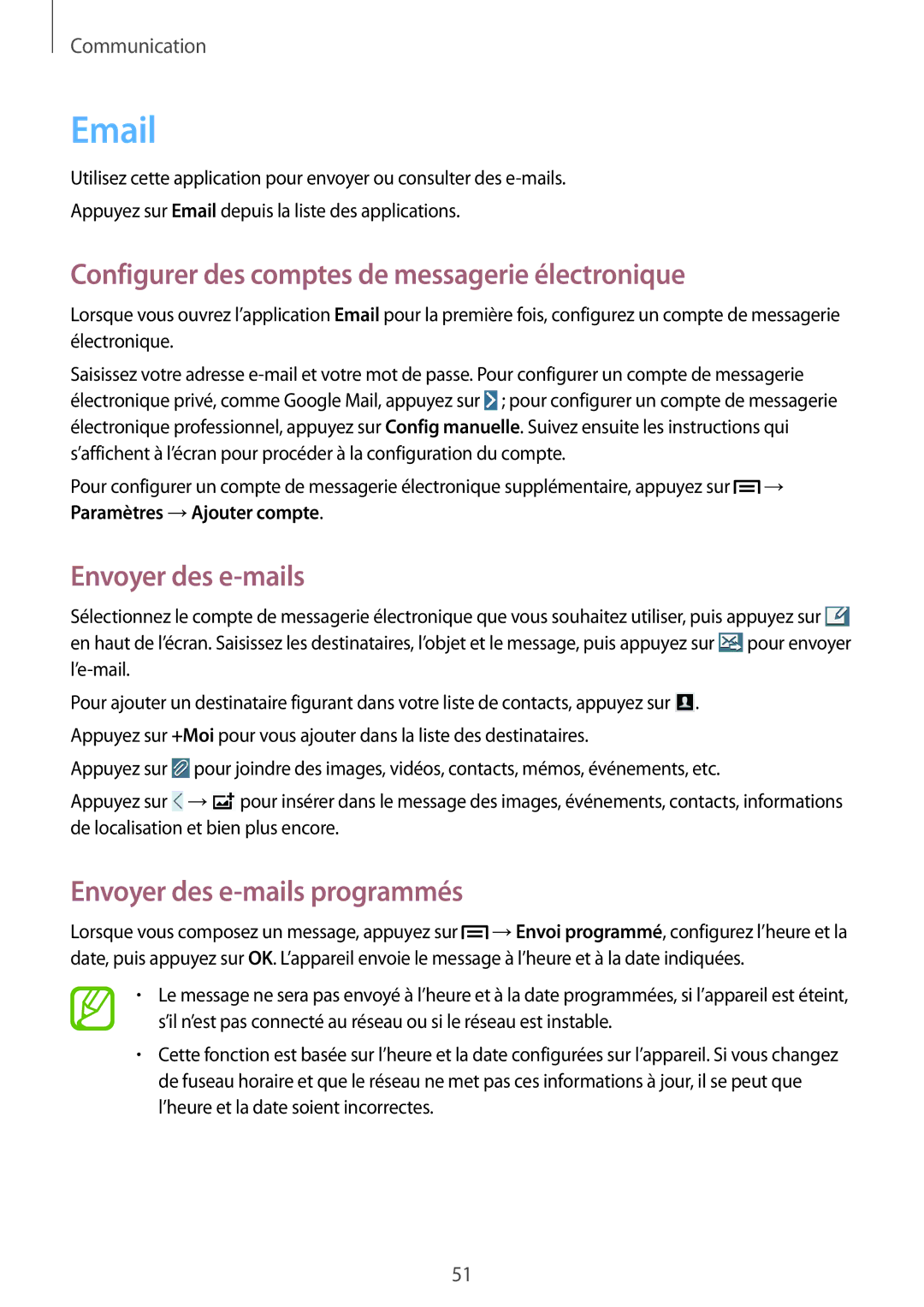 Samsung SM-P6000ZWAXEF, SM-P6000ZKAXEF manual Configurer des comptes de messagerie électronique, Envoyer des e-mails 