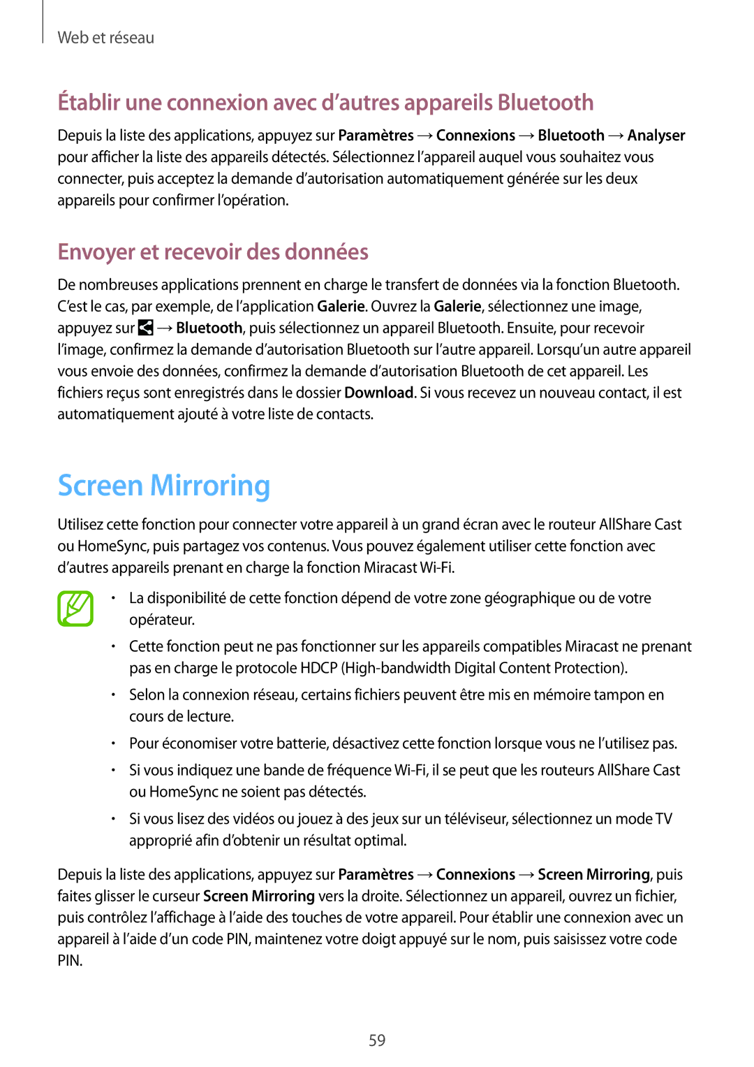 Samsung SM-P6000ZWAXEF, SM-P6000ZKAXEF manual Screen Mirroring, Établir une connexion avec d’autres appareils Bluetooth 