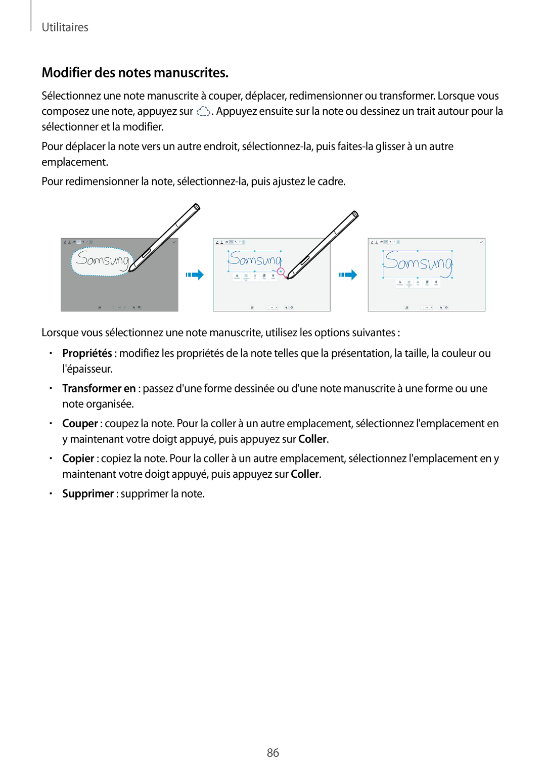 Samsung SM-P6000ZKAXEF, SM-P6000ZWAXEF manual Modifier des notes manuscrites 