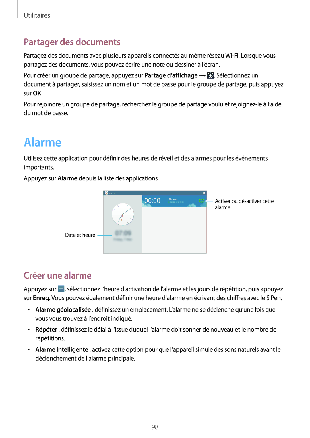 Samsung SM-P6000ZKAXEF, SM-P6000ZWAXEF manual Alarme, Partager des documents, Créer une alarme 