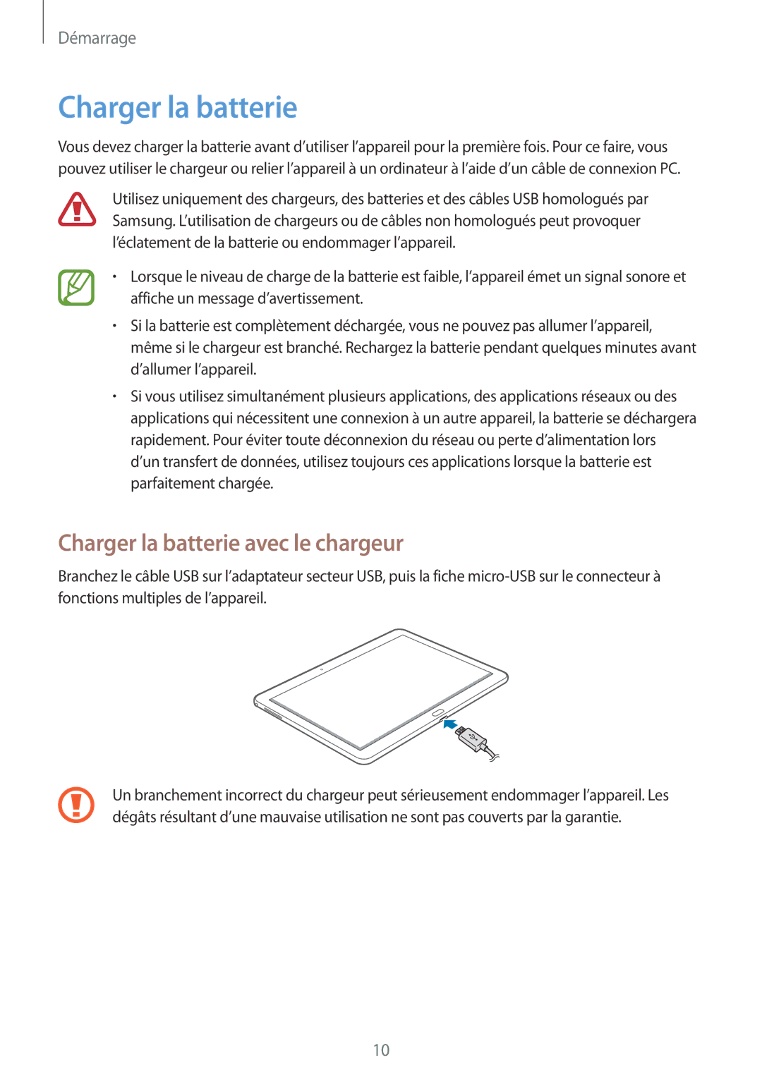 Samsung SM-P6000ZKAXEF, SM-P6000ZWAXEF manual Charger la batterie avec le chargeur 