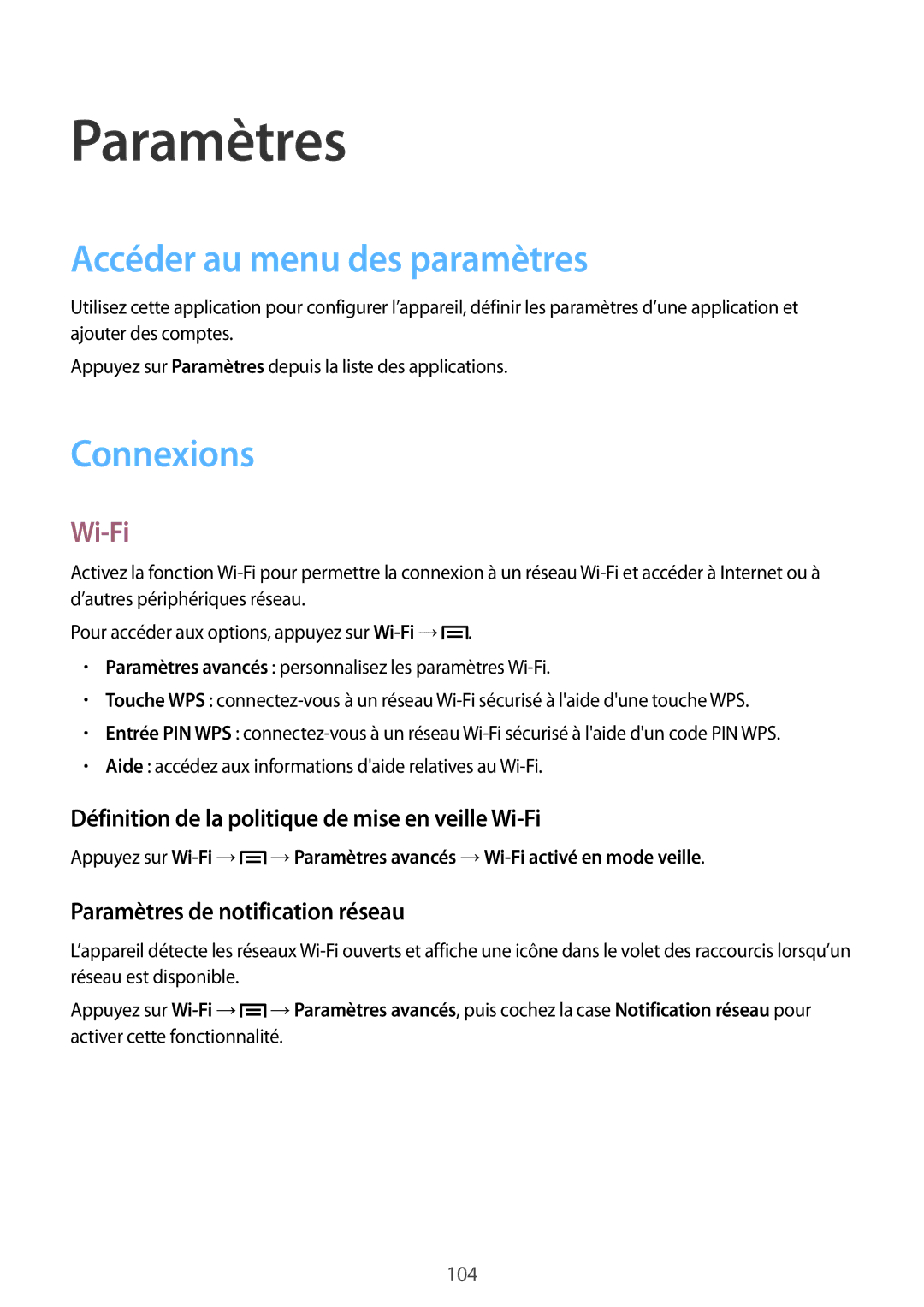 Samsung SM-P6000ZKAXEF manual Accéder au menu des paramètres, Connexions, Wi-Fi, Paramètres de notification réseau 