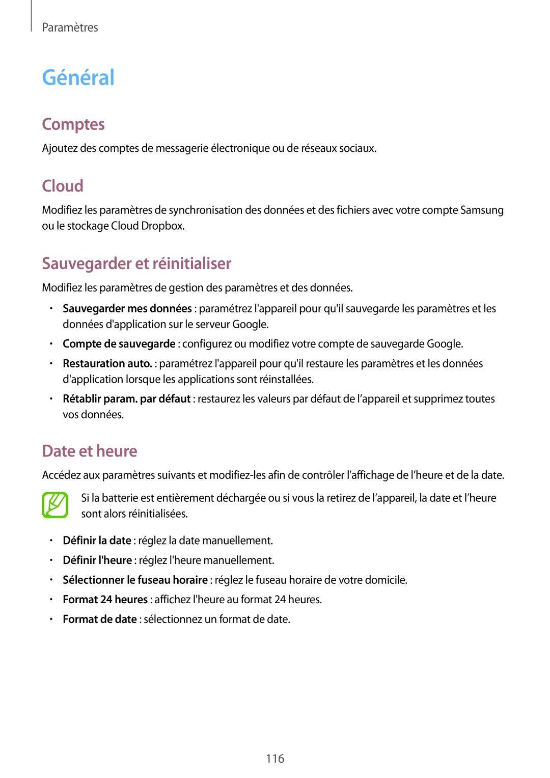 Samsung SM-P6000ZKAXEF, SM-P6000ZWAXEF manual Général, Comptes, Cloud, Sauvegarder et réinitialiser, Date et heure 