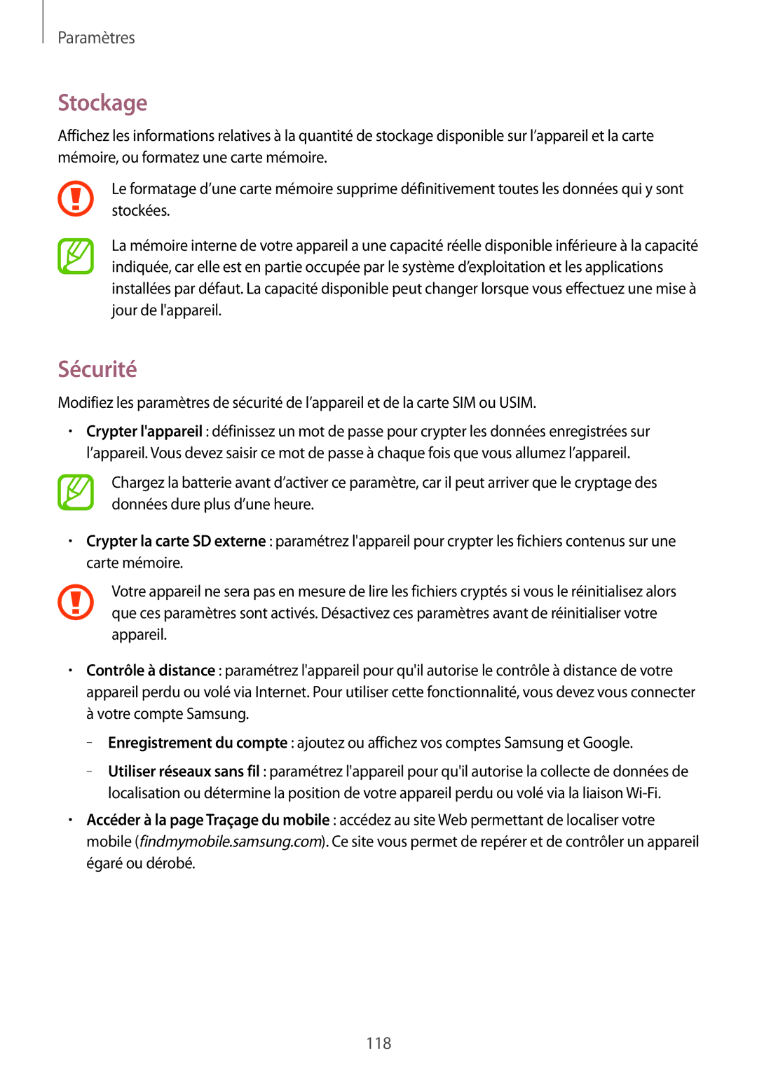 Samsung SM-P6000ZKAXEF, SM-P6000ZWAXEF manual Stockage, Sécurité 