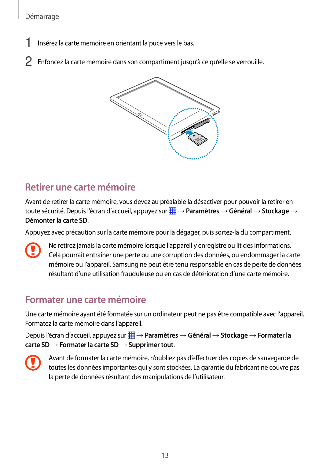 Samsung SM-P6000ZWAXEF, SM-P6000ZKAXEF manual Retirer une carte mémoire, Formater une carte mémoire 