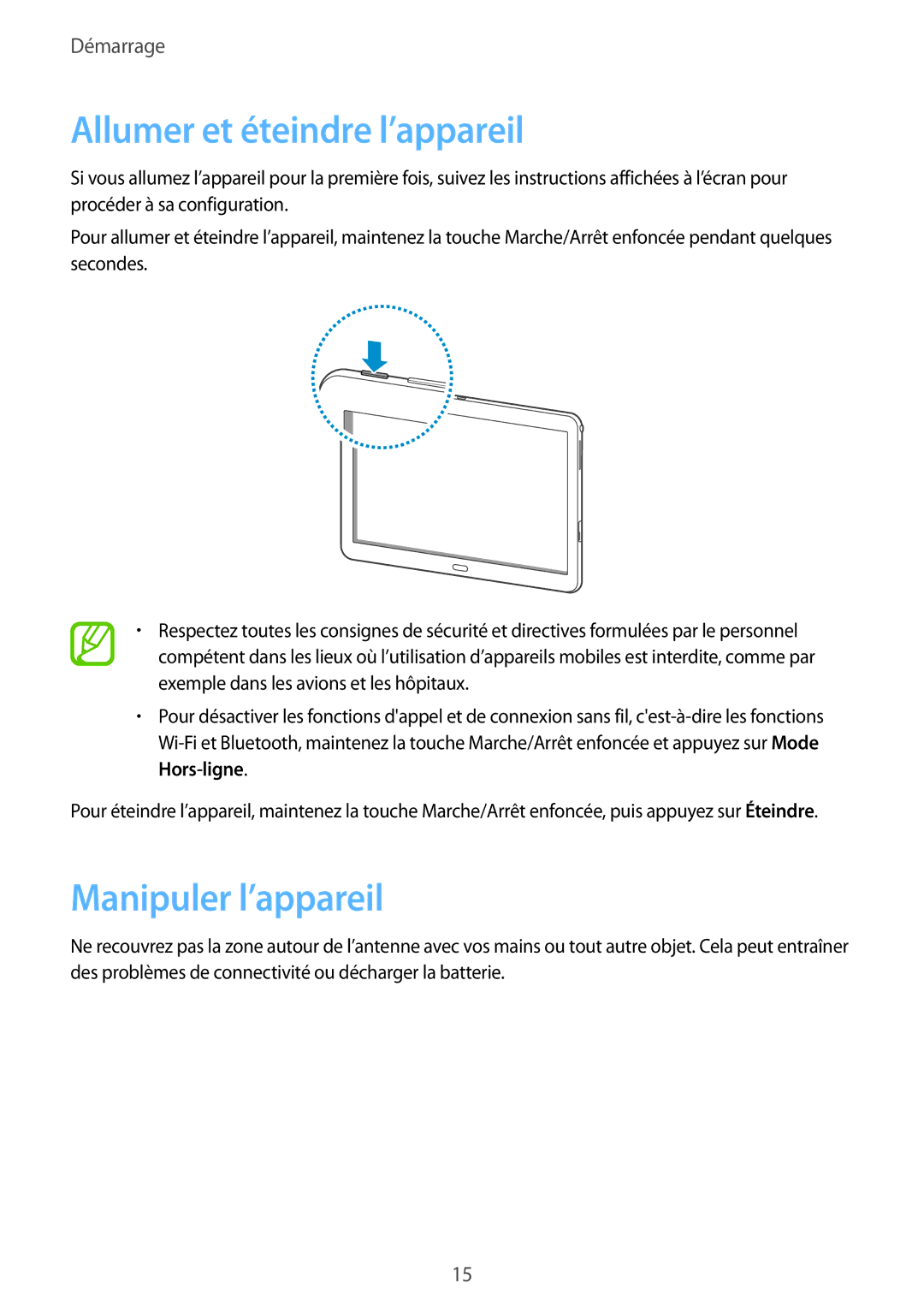 Samsung SM-P6000ZWAXEF, SM-P6000ZKAXEF manual Allumer et éteindre l’appareil, Manipuler l’appareil 