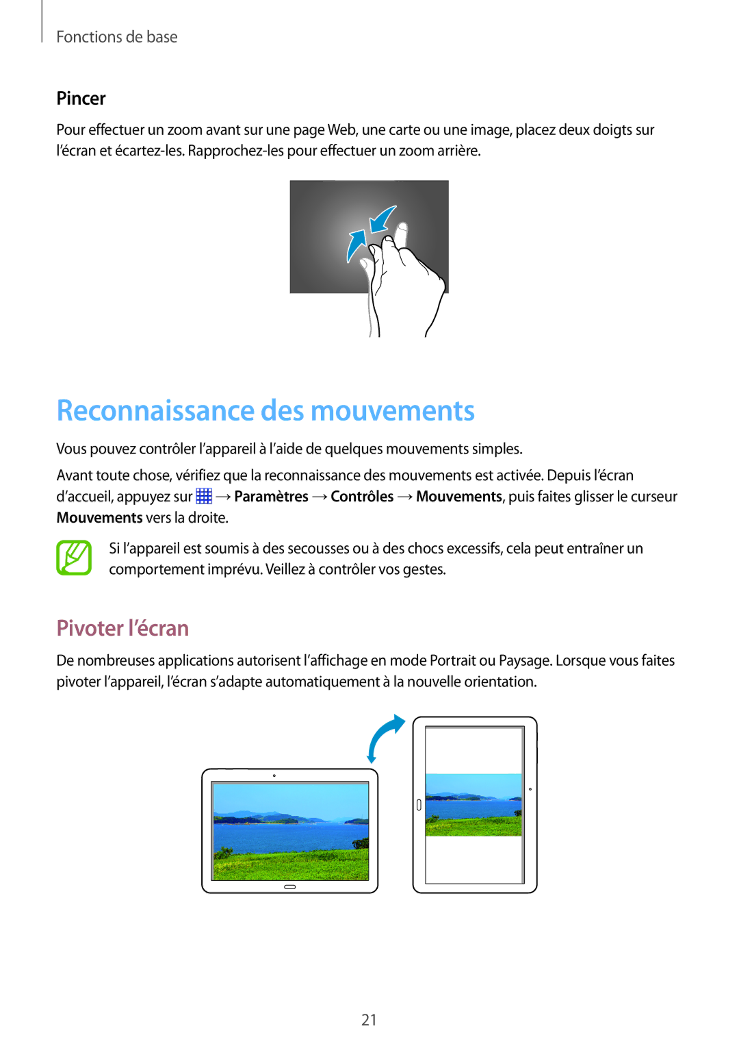 Samsung SM-P6000ZWAXEF, SM-P6000ZKAXEF manual Reconnaissance des mouvements, Pivoter l’écran, Pincer 