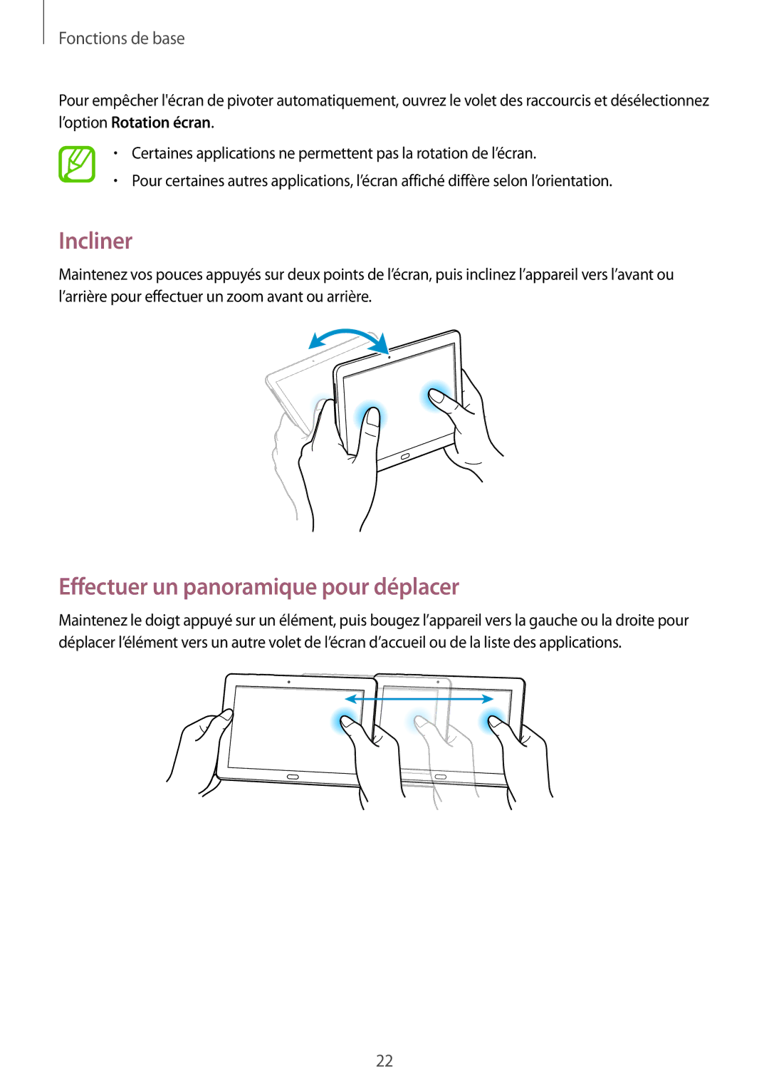 Samsung SM-P6000ZKAXEF, SM-P6000ZWAXEF manual Incliner, Effectuer un panoramique pour déplacer 