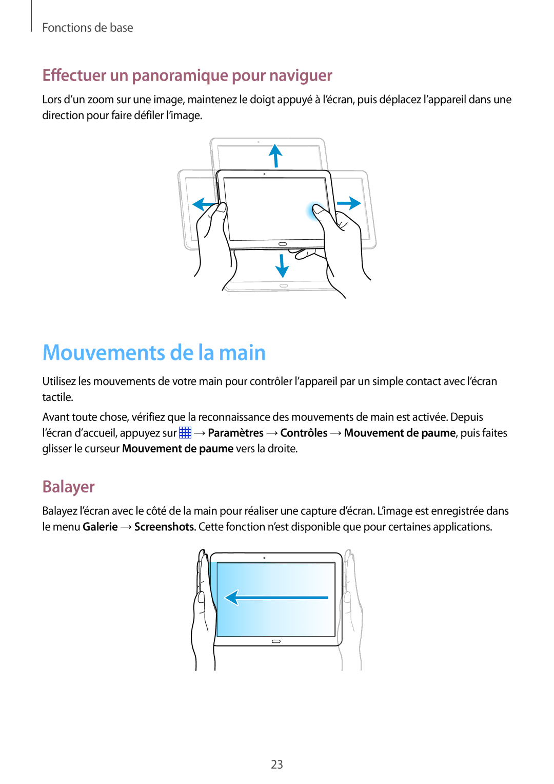 Samsung SM-P6000ZWAXEF, SM-P6000ZKAXEF manual Mouvements de la main, Effectuer un panoramique pour naviguer, Balayer 