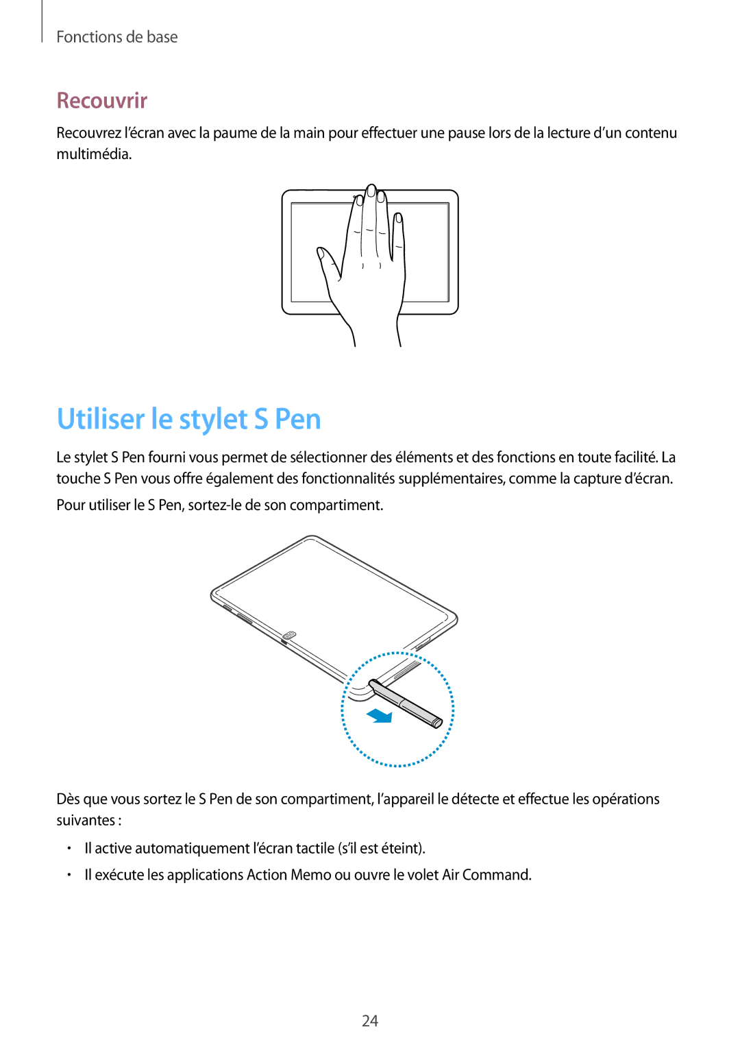 Samsung SM-P6000ZKAXEF, SM-P6000ZWAXEF manual Utiliser le stylet S Pen, Recouvrir 