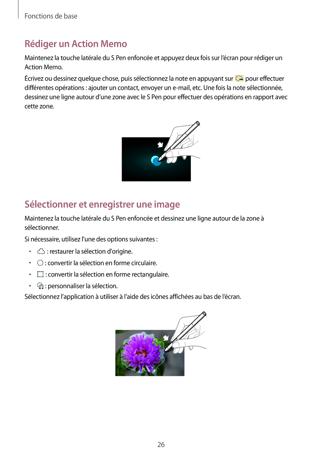 Samsung SM-P6000ZKAXEF, SM-P6000ZWAXEF manual Rédiger un Action Memo, Sélectionner et enregistrer une image 