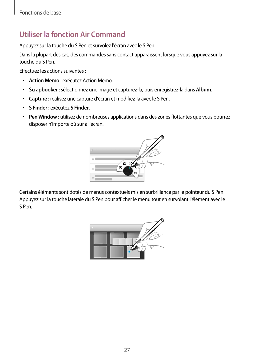 Samsung SM-P6000ZWAXEF, SM-P6000ZKAXEF manual Utiliser la fonction Air Command, Finder exécutez S Finder 