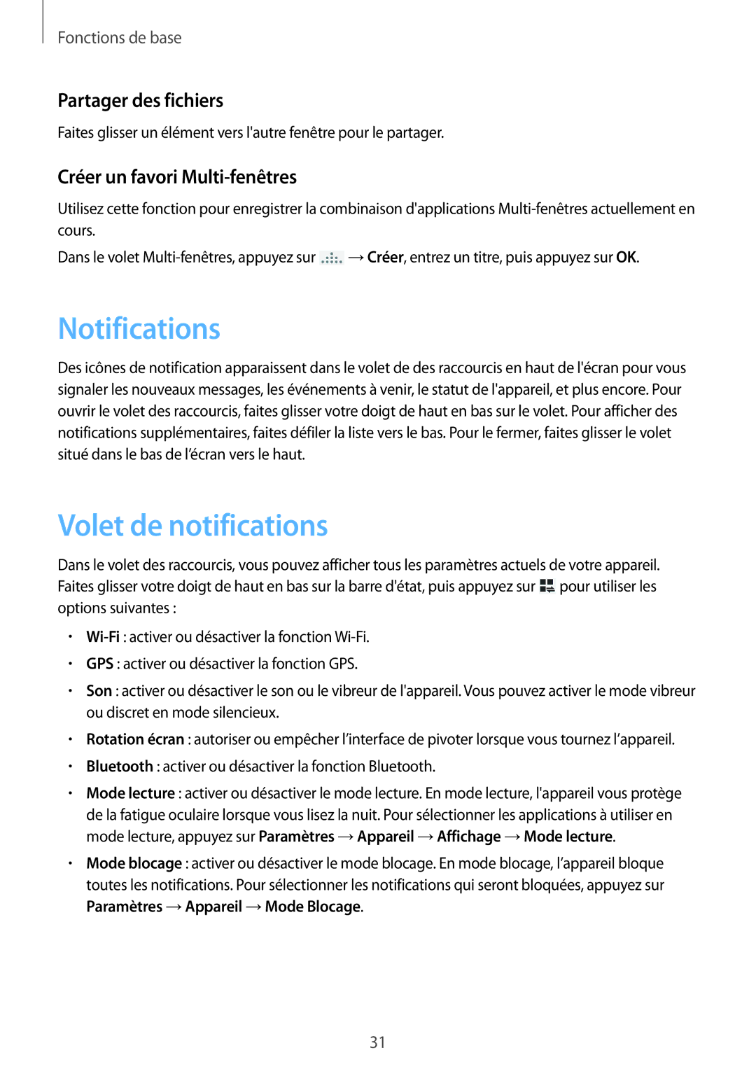 Samsung SM-P6000ZWAXEF manual Notifications, Volet de notifications, Partager des fichiers, Créer un favori Multi-fenêtres 