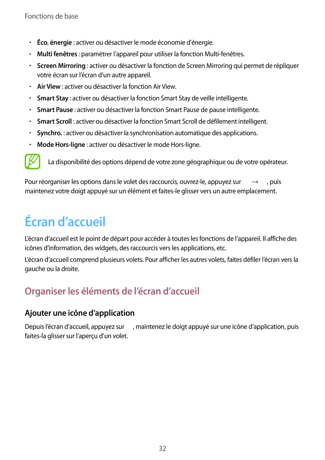 Samsung SM-P6000ZKAXEF manual Écran d’accueil, Organiser les éléments de l’écran d’accueil, Ajouter une icône d’application 