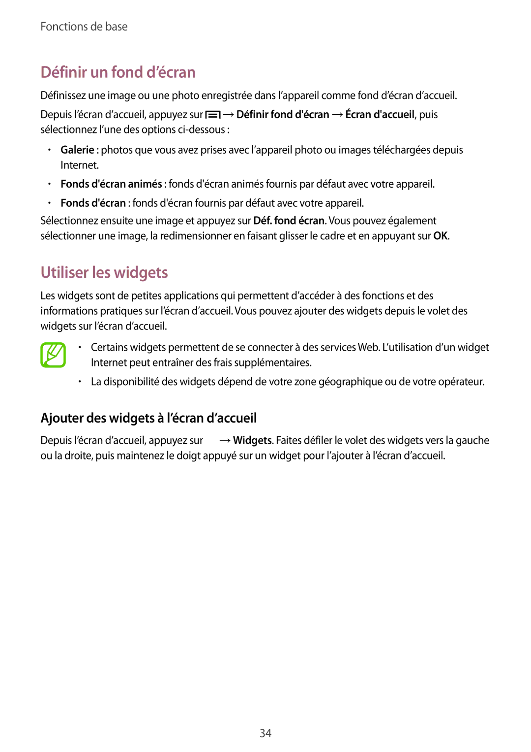 Samsung SM-P6000ZKAXEF manual Définir un fond d’écran, Utiliser les widgets, Ajouter des widgets à l’écran d’accueil 