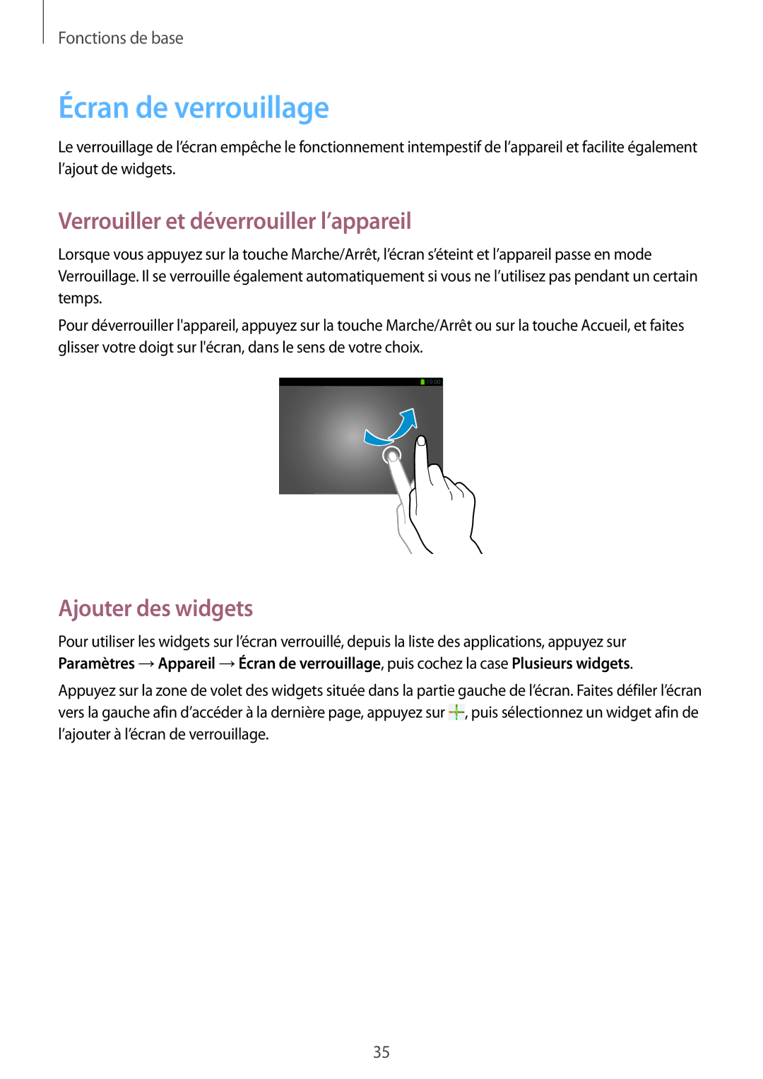 Samsung SM-P6000ZWAXEF, SM-P6000ZKAXEF Écran de verrouillage, Verrouiller et déverrouiller l’appareil, Ajouter des widgets 