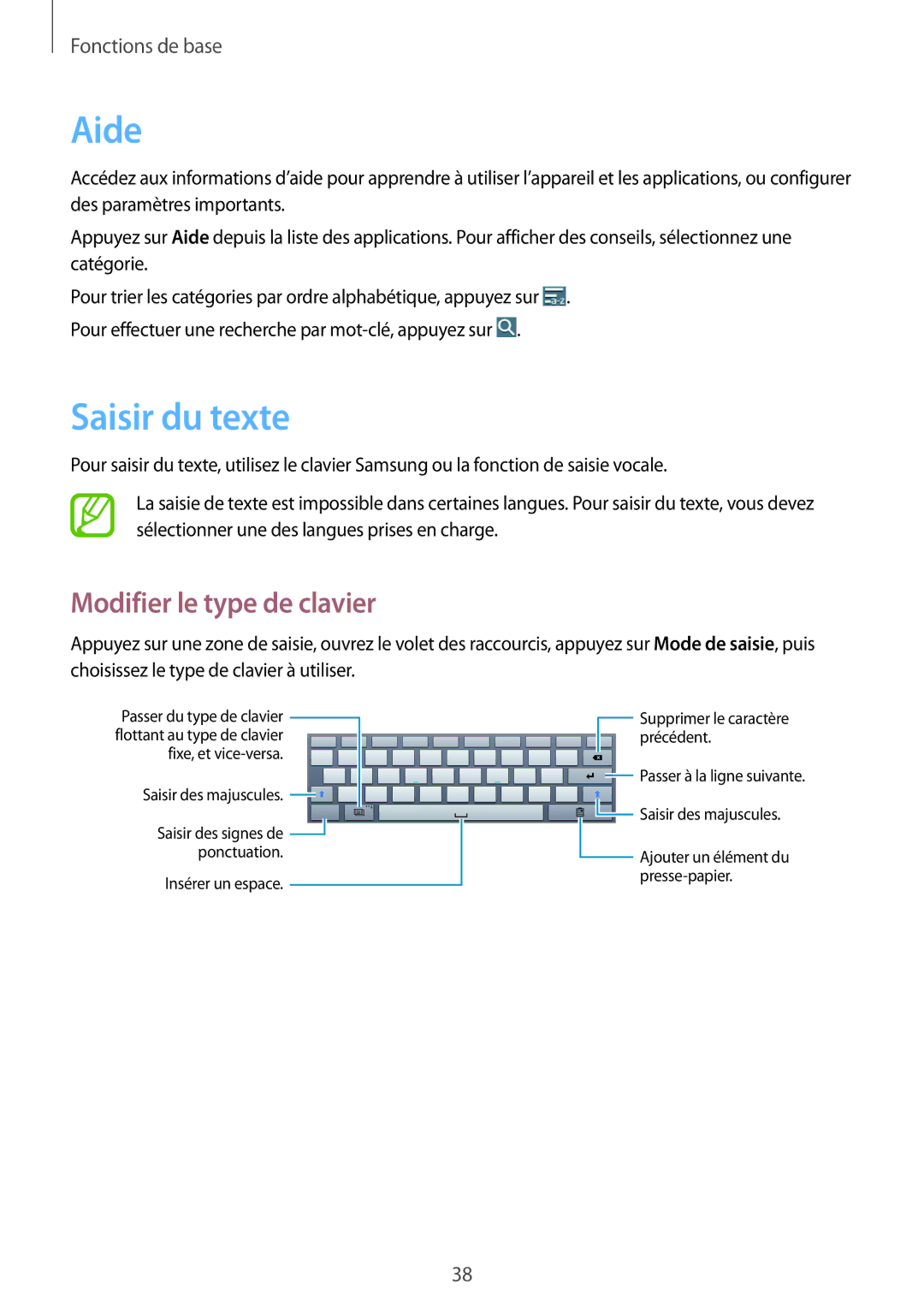 Samsung SM-P6000ZKAXEF, SM-P6000ZWAXEF manual Aide, Saisir du texte, Modifier le type de clavier 