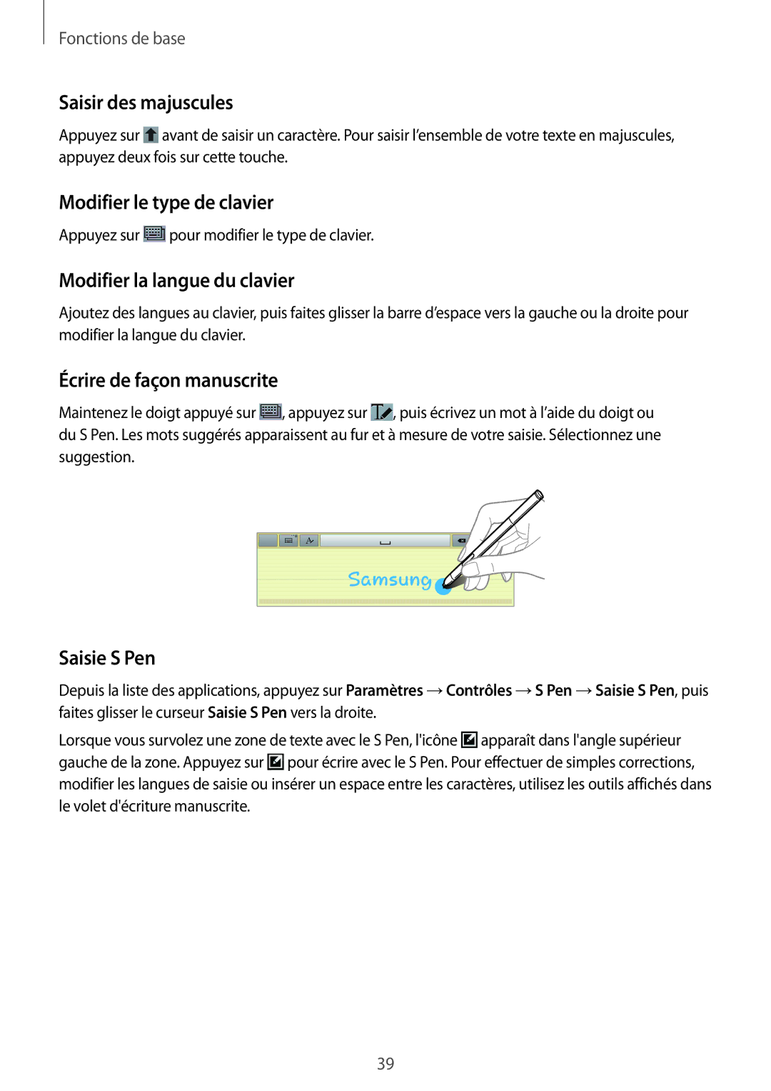 Samsung SM-P6000ZWAXEF Saisir des majuscules, Modifier le type de clavier, Modifier la langue du clavier, Saisie S Pen 