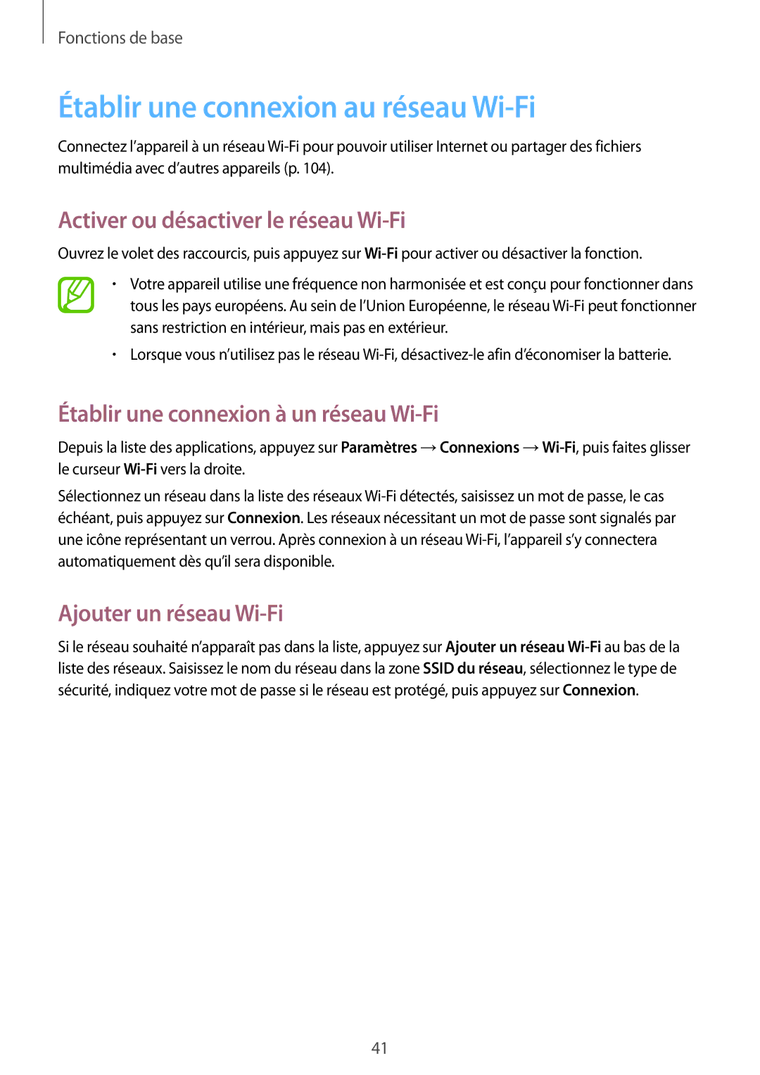 Samsung SM-P6000ZWAXEF, SM-P6000ZKAXEF manual Établir une connexion au réseau Wi-Fi, Activer ou désactiver le réseau Wi-Fi 