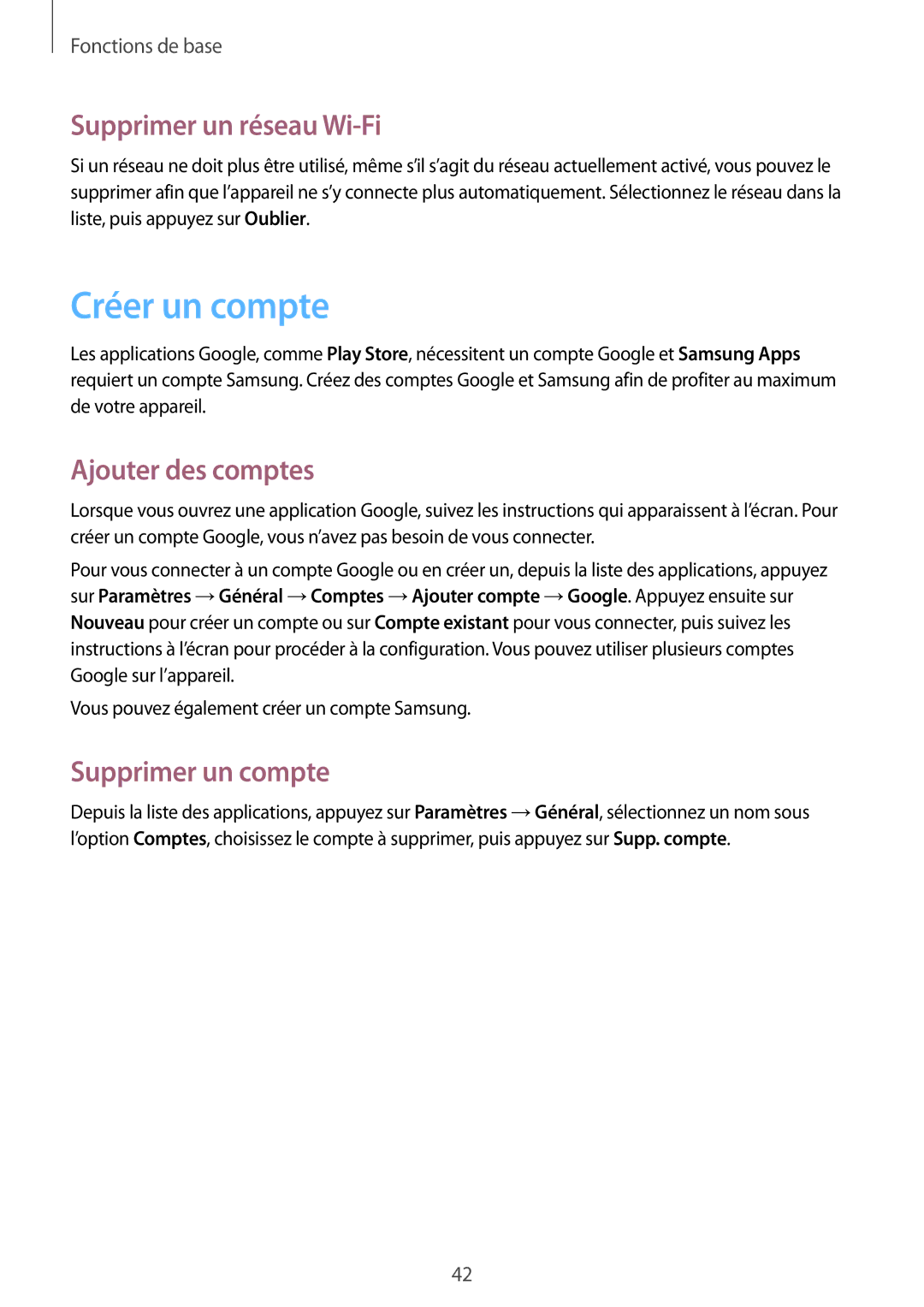 Samsung SM-P6000ZKAXEF manual Créer un compte, Supprimer un réseau Wi-Fi, Ajouter des comptes, Supprimer un compte 