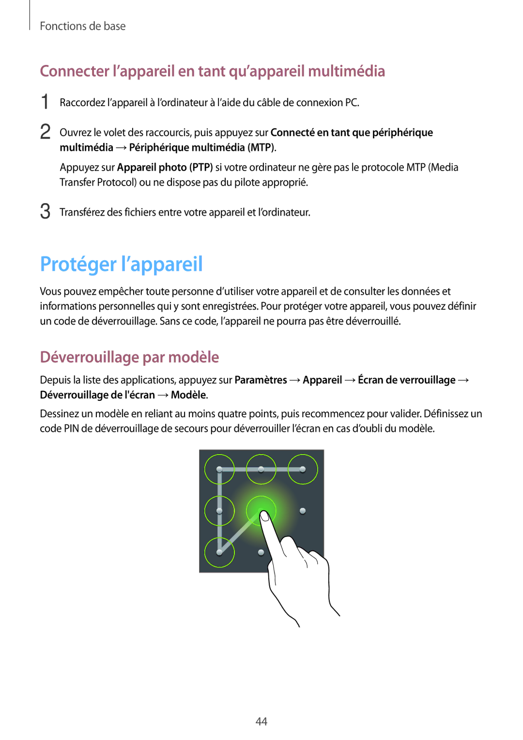 Samsung SM-P6000ZKAXEF Protéger l’appareil, Connecter l’appareil en tant qu’appareil multimédia, Déverrouillage par modèle 