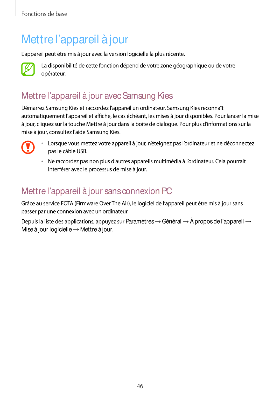 Samsung SM-P6000ZKAXEF manual Mettre l’appareil à jour avec Samsung Kies, Mettre l’appareil à jour sans connexion PC 