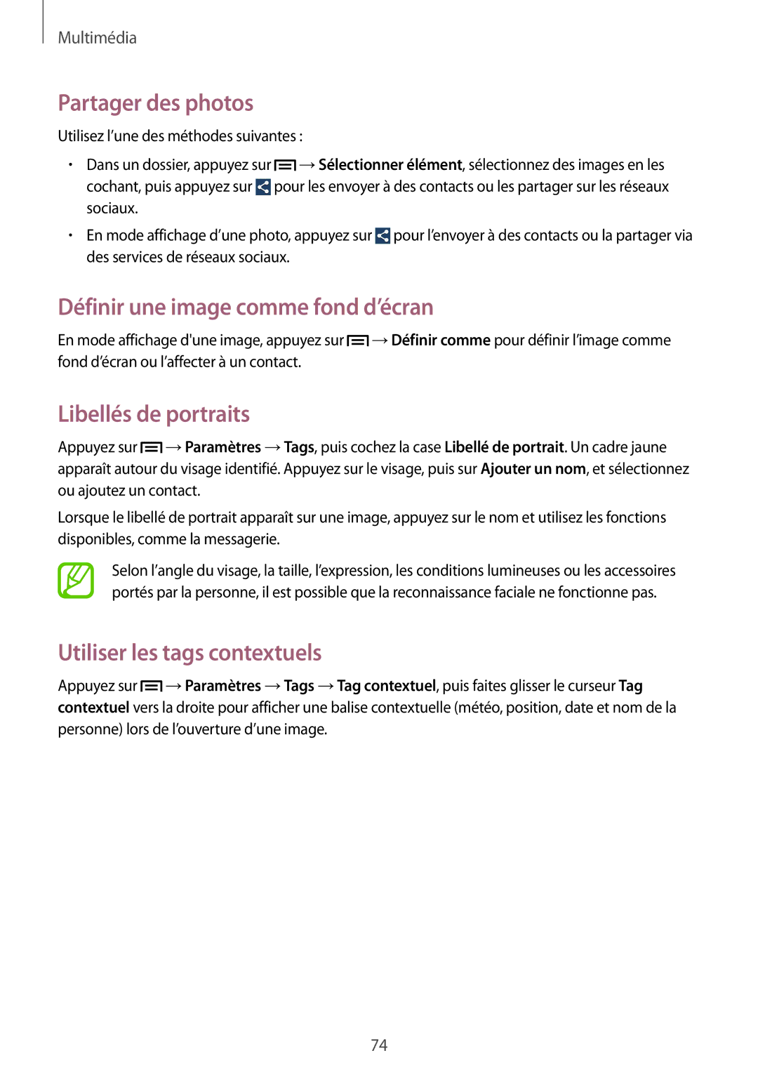 Samsung SM-P6000ZKAXEF manual Définir une image comme fond d’écran, Libellés de portraits, Utiliser les tags contextuels 