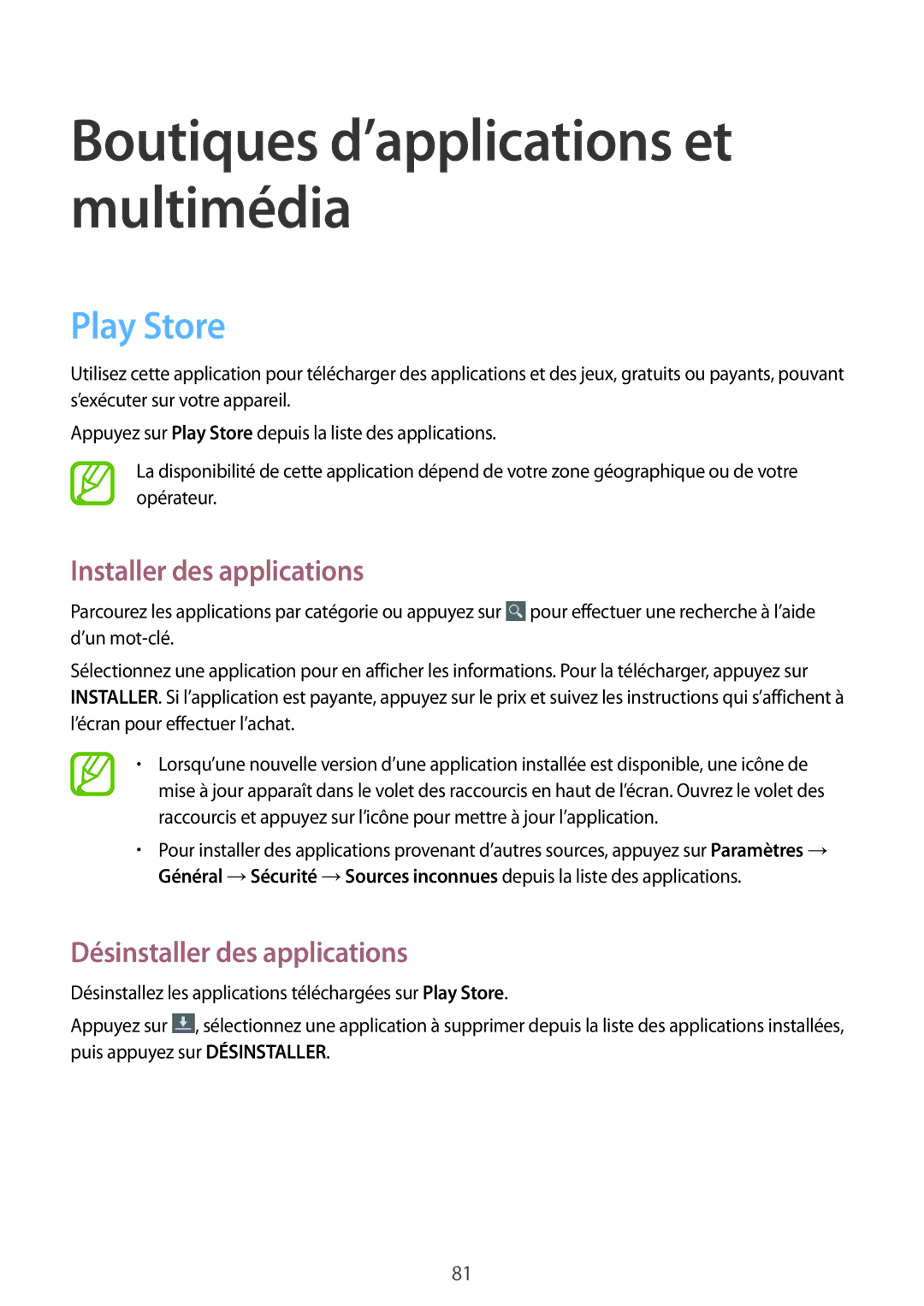 Samsung SM-P6000ZWAXEF, SM-P6000ZKAXEF manual Boutiques d’applications et multimédia, Play Store 