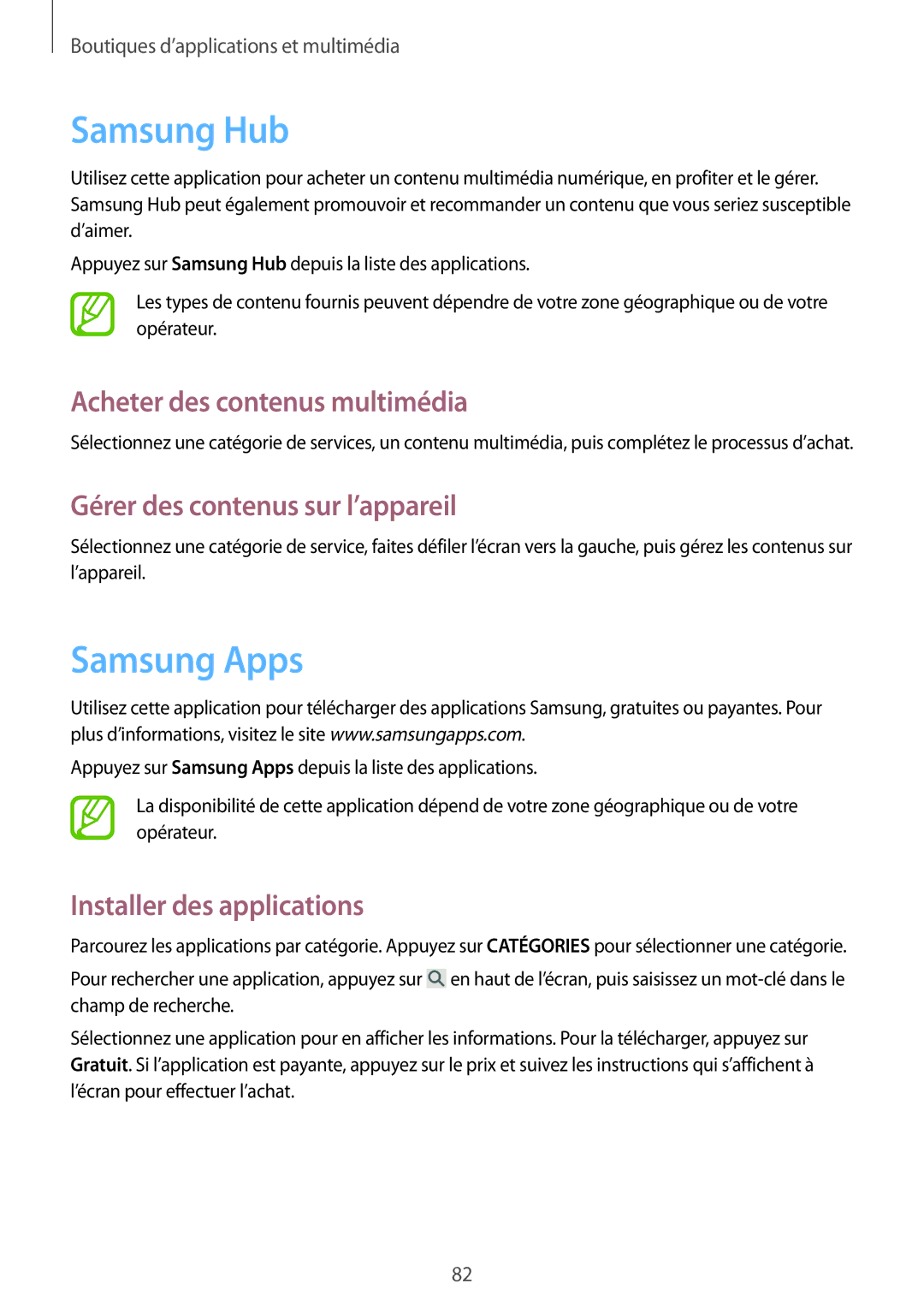 Samsung SM-P6000ZKAXEF manual Samsung Hub, Samsung Apps, Acheter des contenus multimédia, Gérer des contenus sur l’appareil 