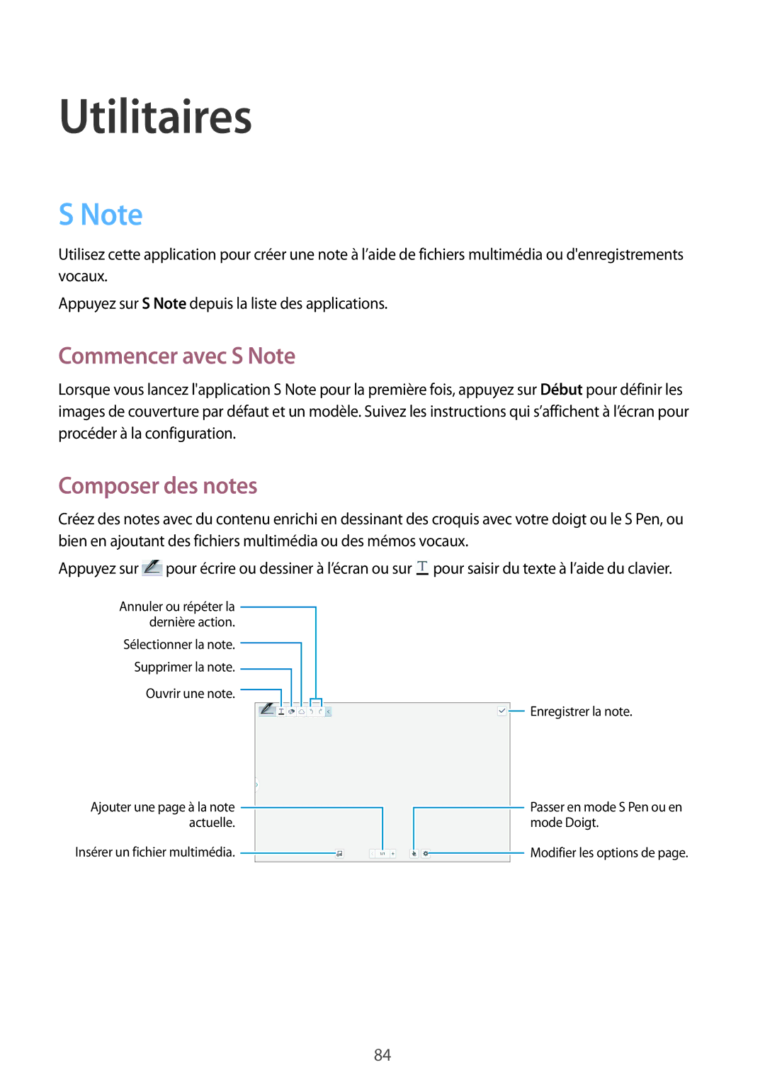 Samsung SM-P6000ZKAXEF, SM-P6000ZWAXEF manual Commencer avec S Note, Composer des notes 