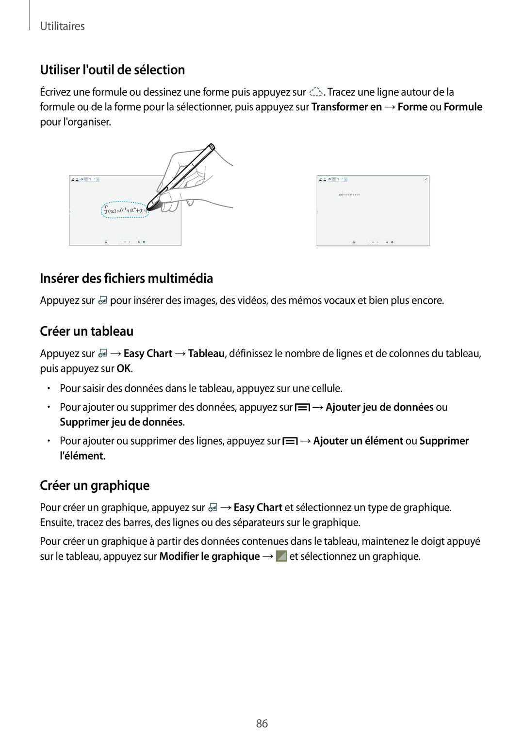 Samsung SM-P6000ZKAXEF Utiliser loutil de sélection, Insérer des fichiers multimédia, Créer un tableau, Créer un graphique 