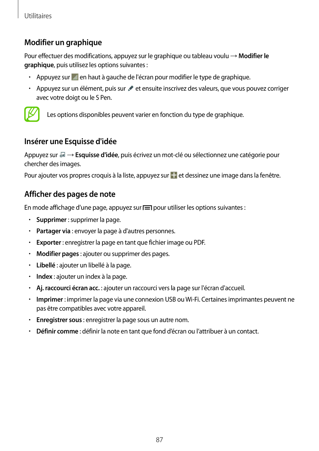 Samsung SM-P6000ZWAXEF, SM-P6000ZKAXEF manual Modifier un graphique, Insérer une Esquisse didée, Afficher des pages de note 