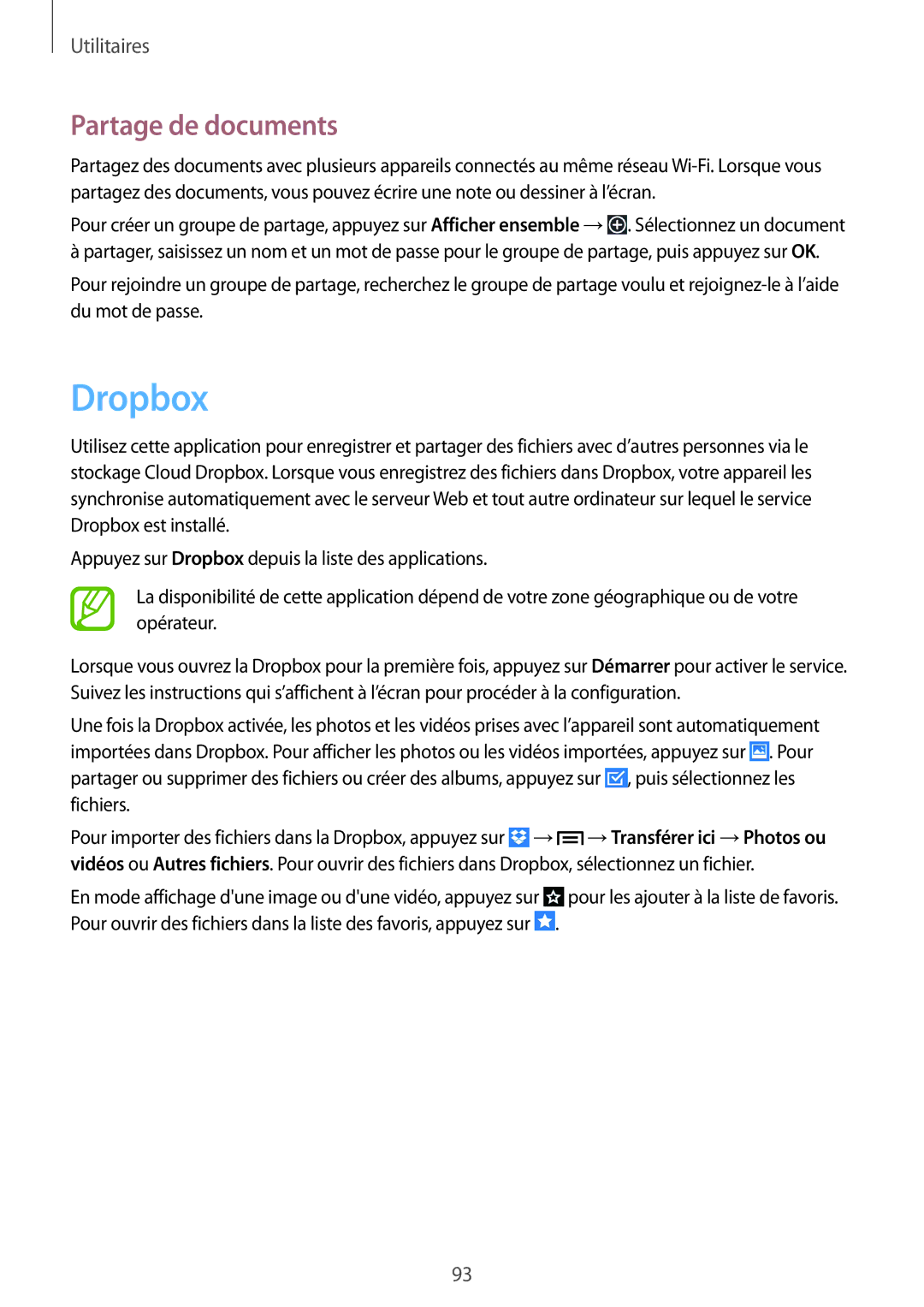 Samsung SM-P6000ZWAXEF, SM-P6000ZKAXEF manual Dropbox, Partage de documents 