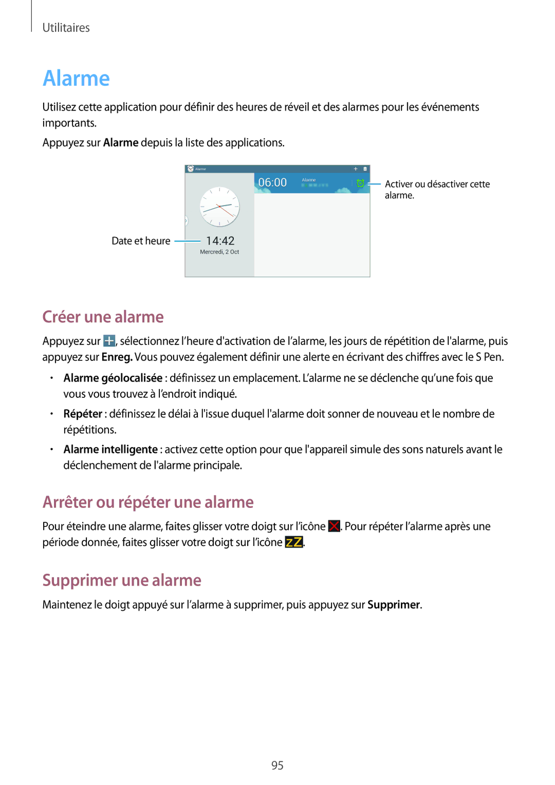 Samsung SM-P6000ZWAXEF, SM-P6000ZKAXEF manual Alarme, Créer une alarme, Arrêter ou répéter une alarme, Supprimer une alarme 