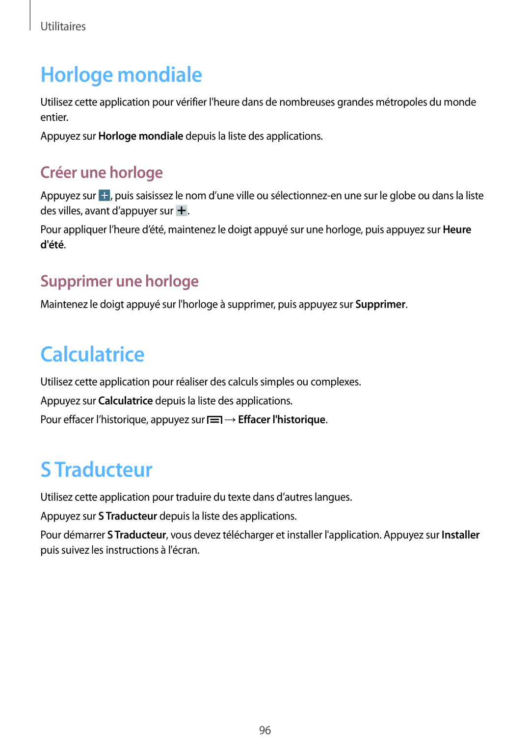 Samsung SM-P6000ZKAXEF manual Horloge mondiale, Calculatrice, Traducteur, Créer une horloge, Supprimer une horloge 