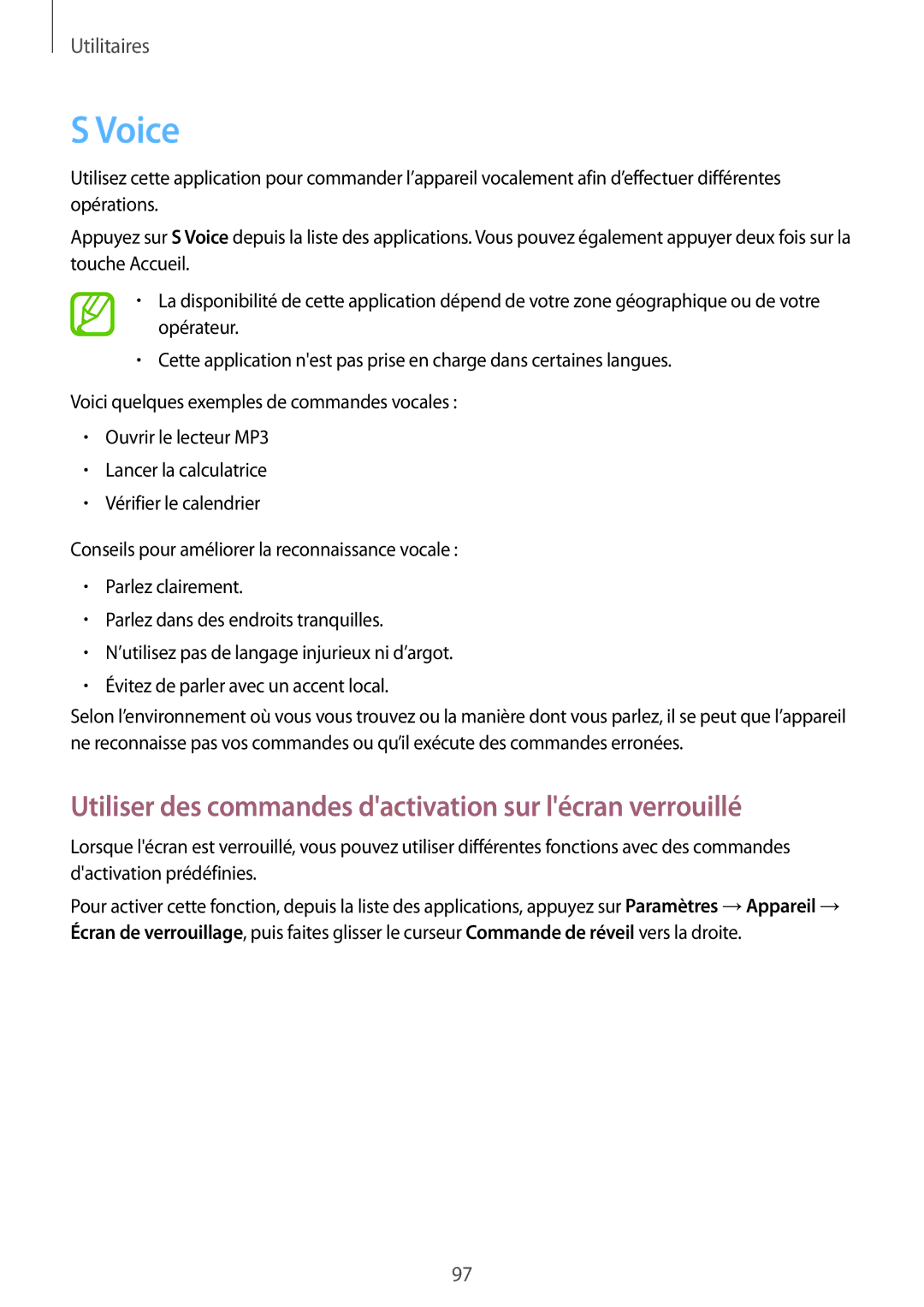 Samsung SM-P6000ZWAXEF, SM-P6000ZKAXEF manual Voice, Utiliser des commandes dactivation sur lécran verrouillé 