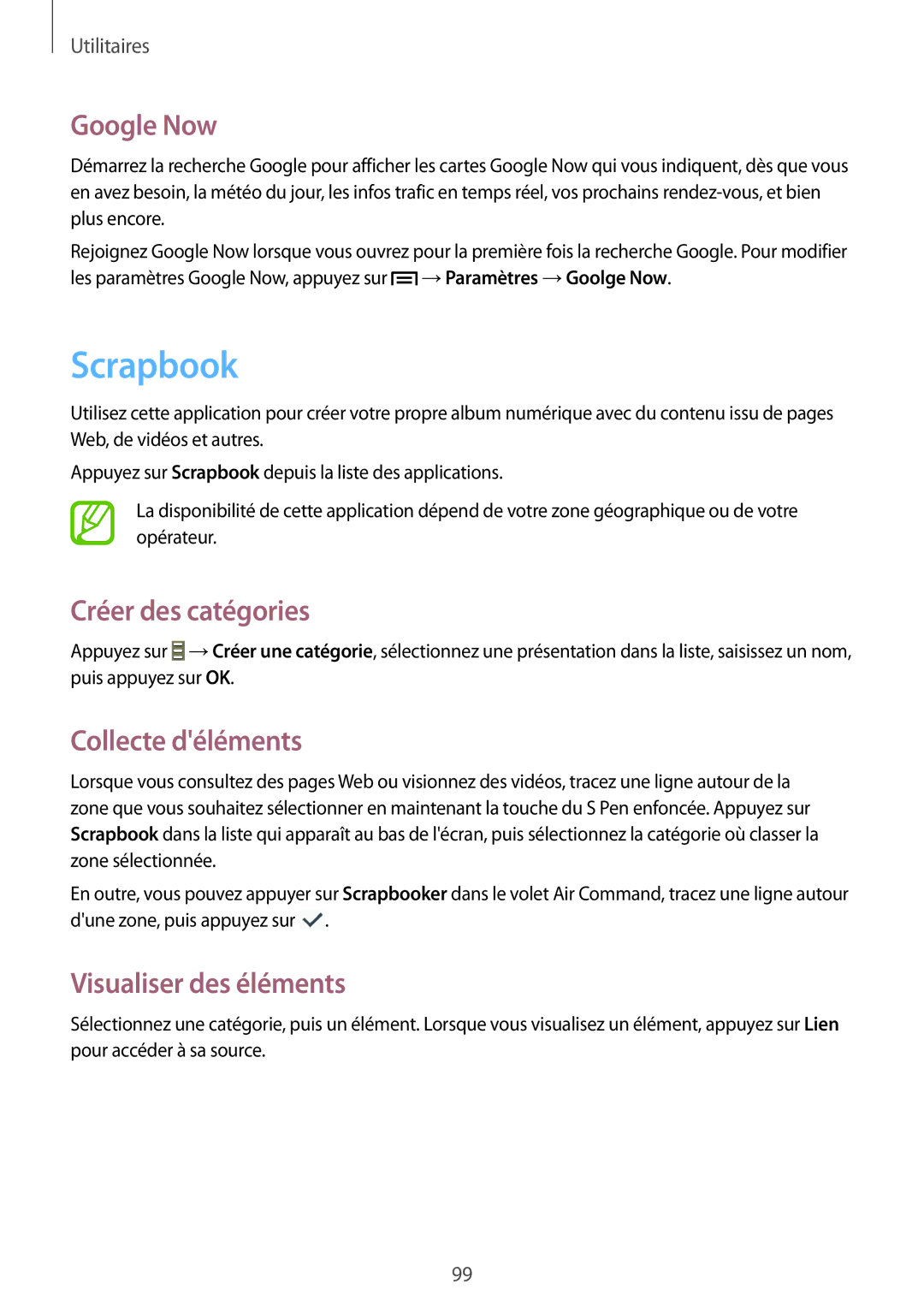 Samsung SM-P6000ZWAXEF manual Scrapbook, Google Now, Créer des catégories, Collecte déléments, Visualiser des éléments 