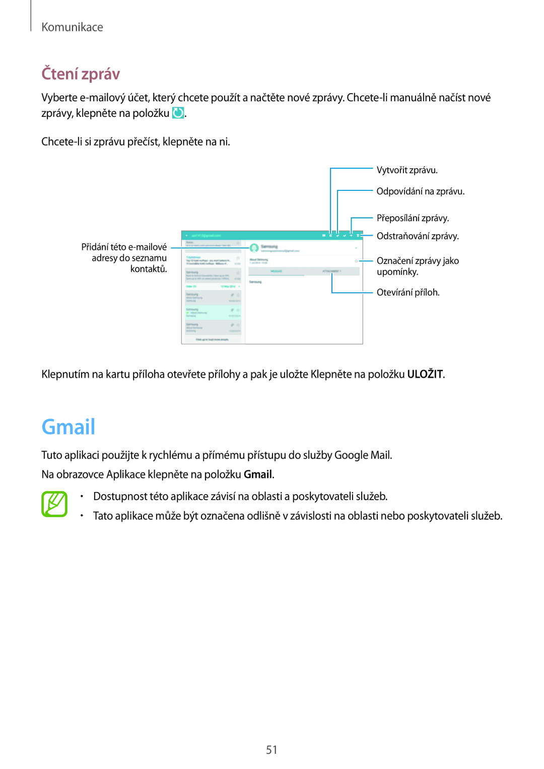 Samsung SM-P6000ZKAXEO, SM-P6000ZWAXEO, SM-P6000ZKAATO, SM-P6000ZWAEUR, SM-P6000ZWAATO, SM-P6000ZKEATO manual Gmail, Čtení zpráv 
