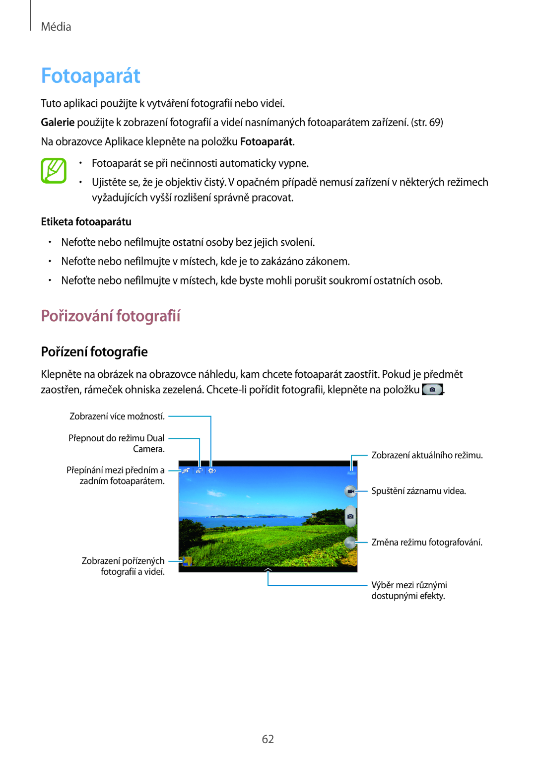 Samsung SM-P6000ZKABGL, SM-P6000ZWAXEO, SM-P6000ZKAATO manual Fotoaparát, Pořizování fotografií, Pořízení fotografie 