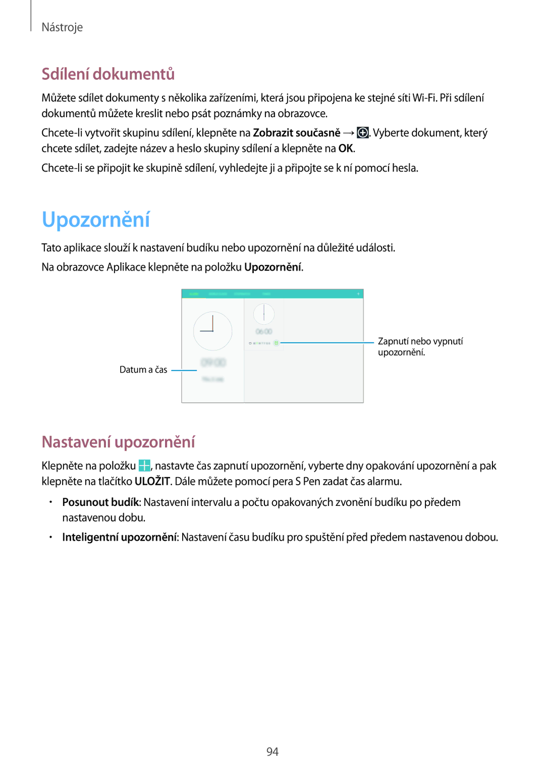 Samsung SM-P6000ZKEATO, SM-P6000ZWAXEO, SM-P6000ZKAATO, SM-P6000ZWAEUR Upozornění, Sdílení dokumentů, Nastavení upozornění 