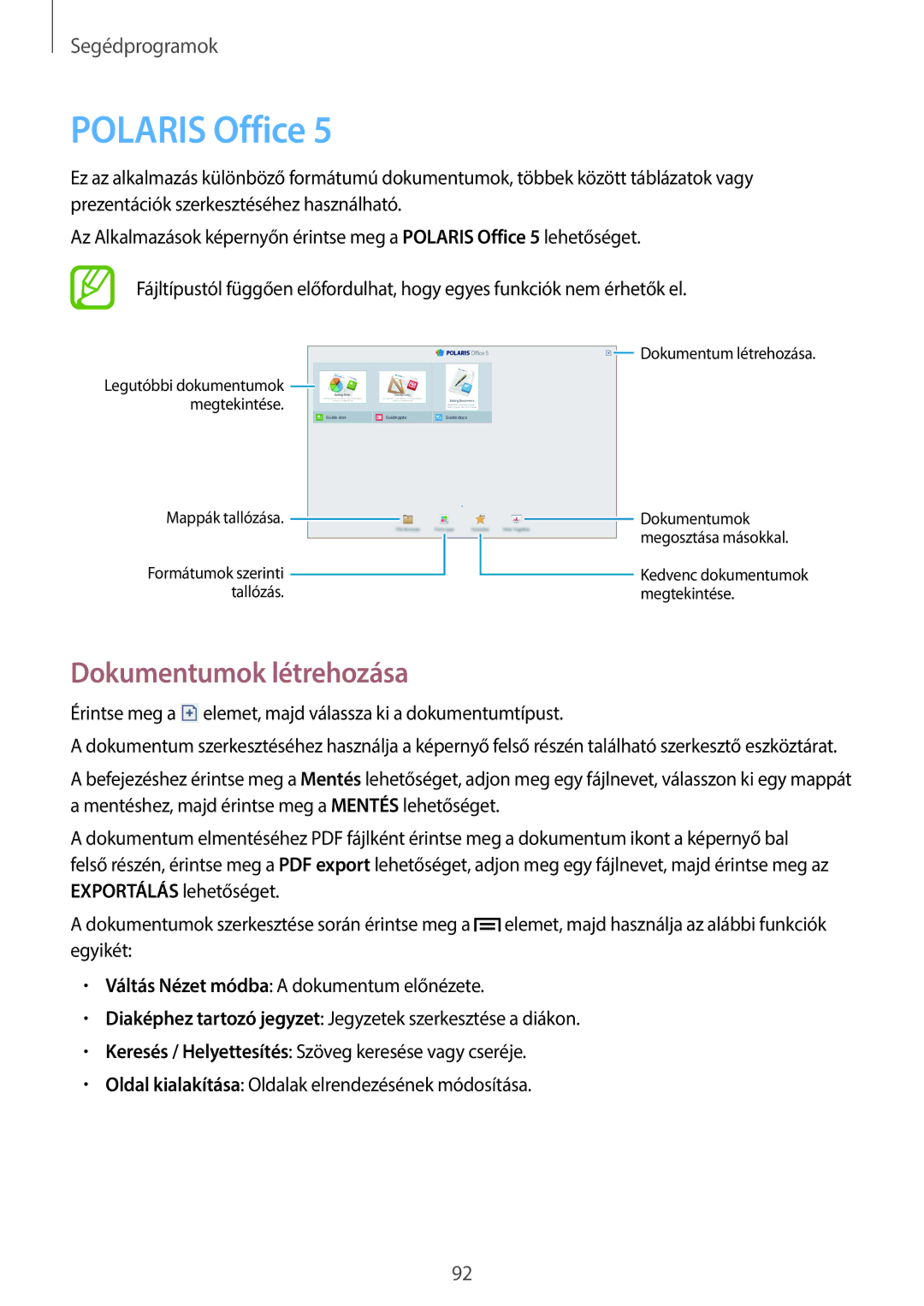 Samsung SM-P6000ZKAROM, SM-P6000ZWAXEO, SM-P6000ZKAATO, SM-P6000ZWAEUR manual Polaris Office, Dokumentumok létrehozása 