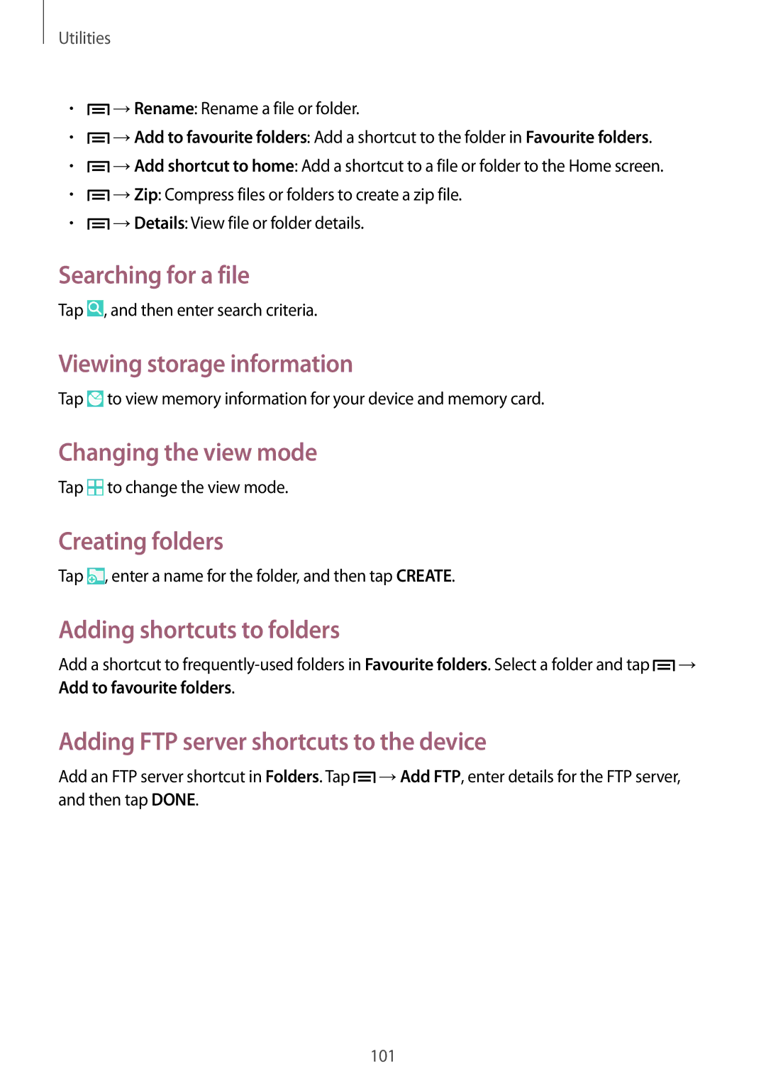 Samsung SM-P6000ZWAXEF manual Searching for a file, Viewing storage information, Changing the view mode, Creating folders 