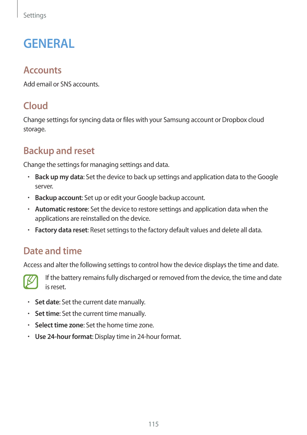Samsung SM-P6000ZWEAUT, SM-P6000ZWAXEO, SM-P6000ZKEDBT, SM-P6000ZKAEUR manual Accounts, Cloud, Backup and reset, Date and time 