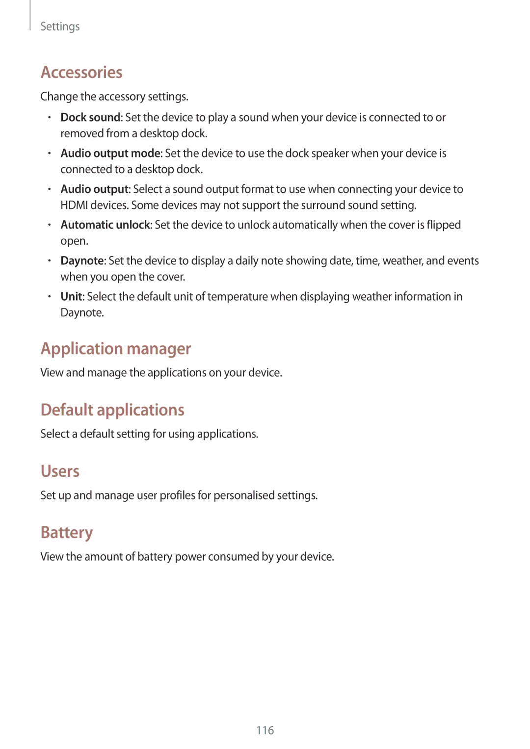 Samsung SM-P6000ZWAXEZ, SM-P6000ZWAXEO manual Accessories, Application manager, Default applications, Users, Battery 