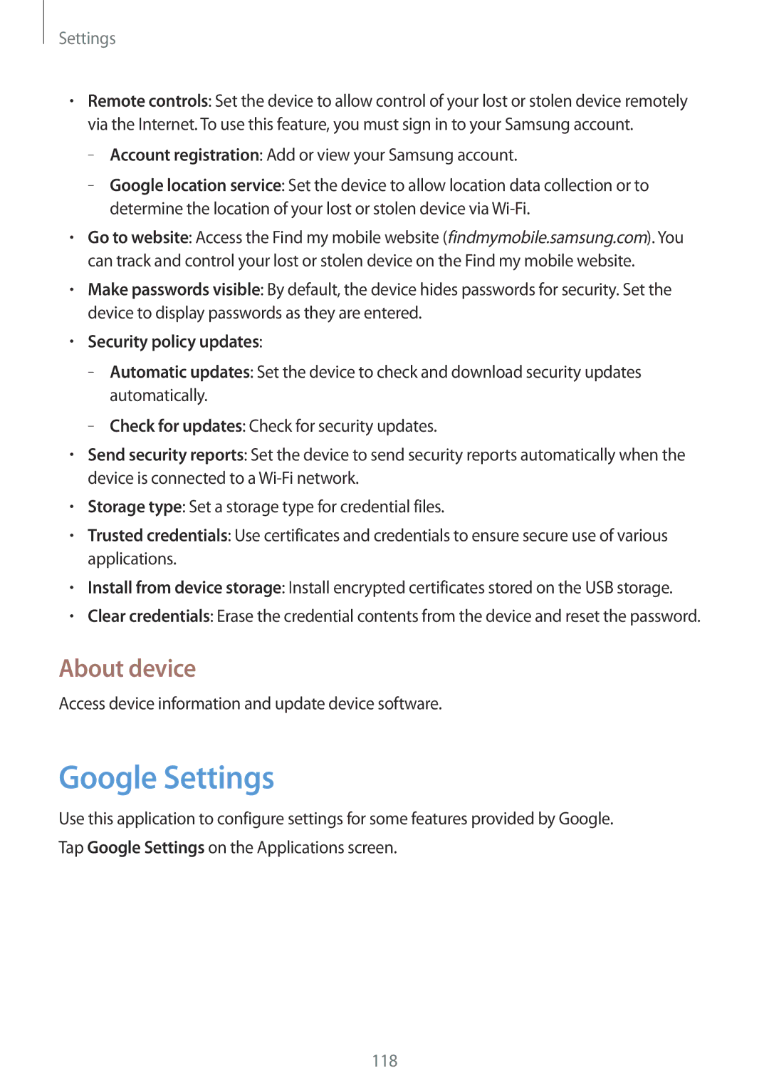 Samsung SM-P6000ZWEXSK, SM-P6000ZWAXEO, SM-P6000ZKEDBT manual Google Settings, About device, Security policy updates 