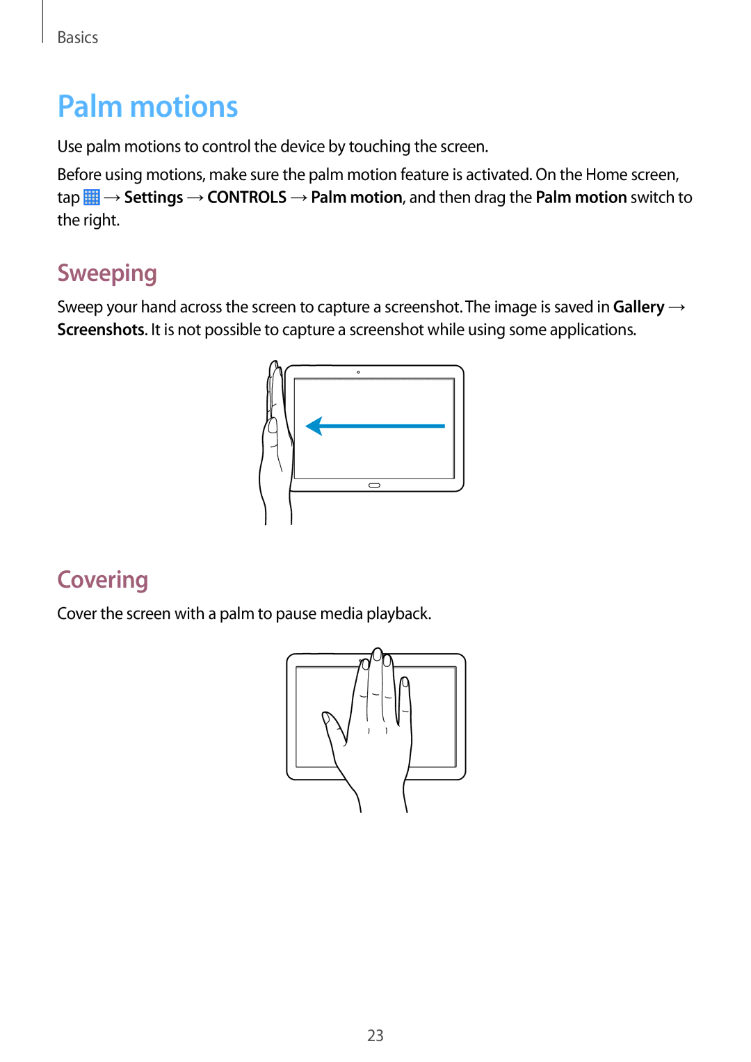 Samsung SM-P6000ZKABGL, SM-P6000ZWAXEO, SM-P6000ZKEDBT, SM-P6000ZKAEUR, SM-P6000ZKAATO manual Palm motions, Sweeping, Covering 