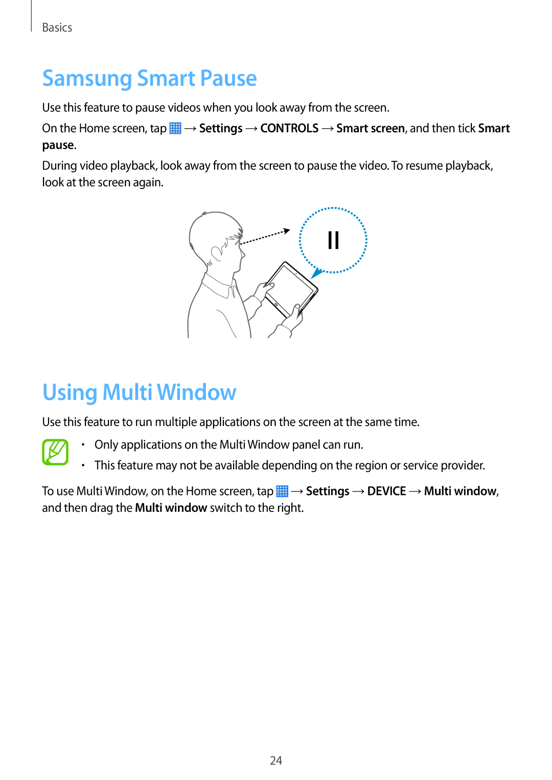 Samsung SM-P6000ZWABGL, SM-P6000ZWAXEO, SM-P6000ZKEDBT, SM-P6000ZKAEUR manual Samsung Smart Pause, Using Multi Window 